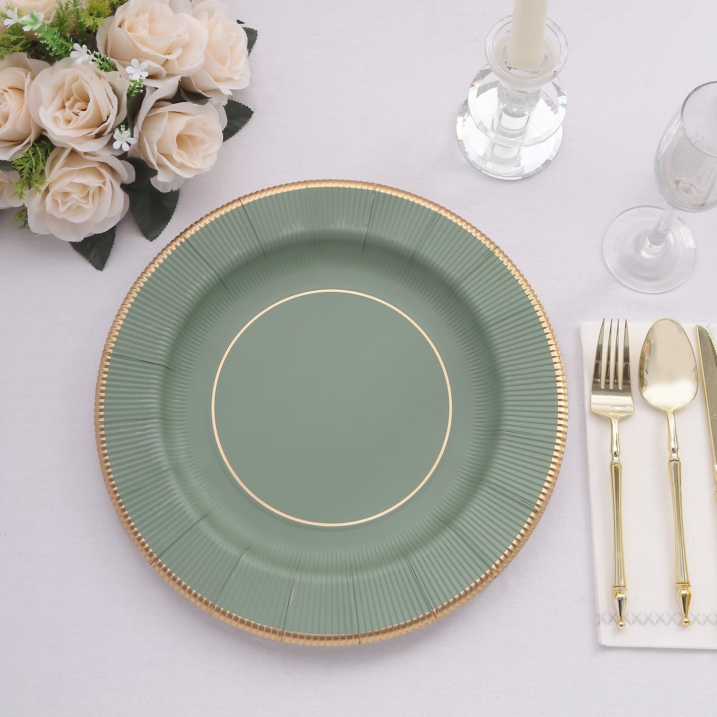 25 Pack Sage Green Sunray Heavy Duty Paper Charger Plates with Gold Rim, 13" Round Disposable Serving Plates - 350 GSM