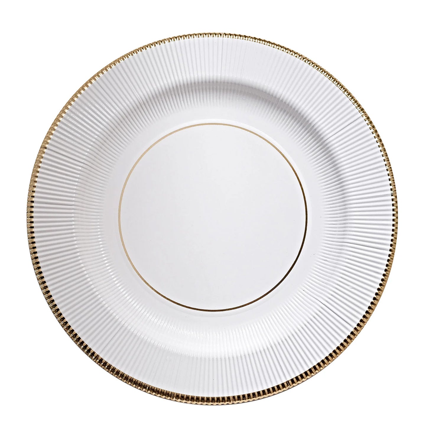 25 Pack | Sunray White 13" Disposable Charger Plates, Cardboard Serving Tray, Round with Gold Edges - 350 GSM