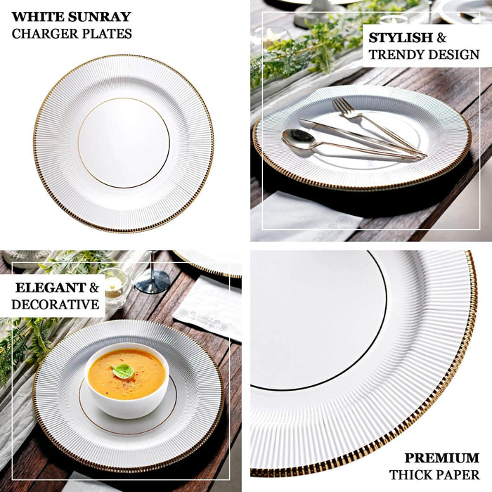 25 Pack | Sunray White 13" Disposable Charger Plates, Cardboard Serving Tray, Round with Gold Edges - 350 GSM