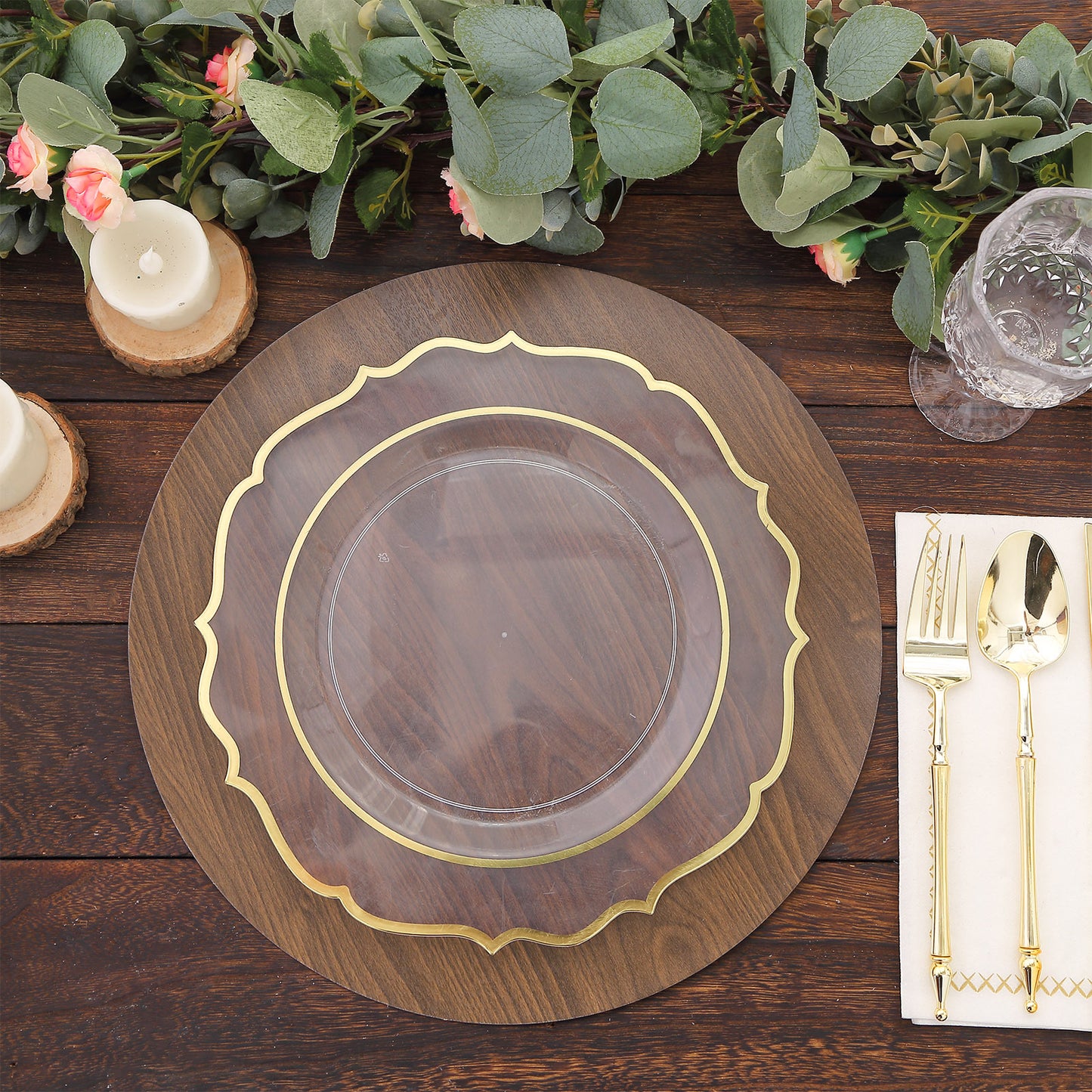 6 Pack Brown 13" Disposable Placemats With Walnut Wood Design, Round Paper Dining Table Mats