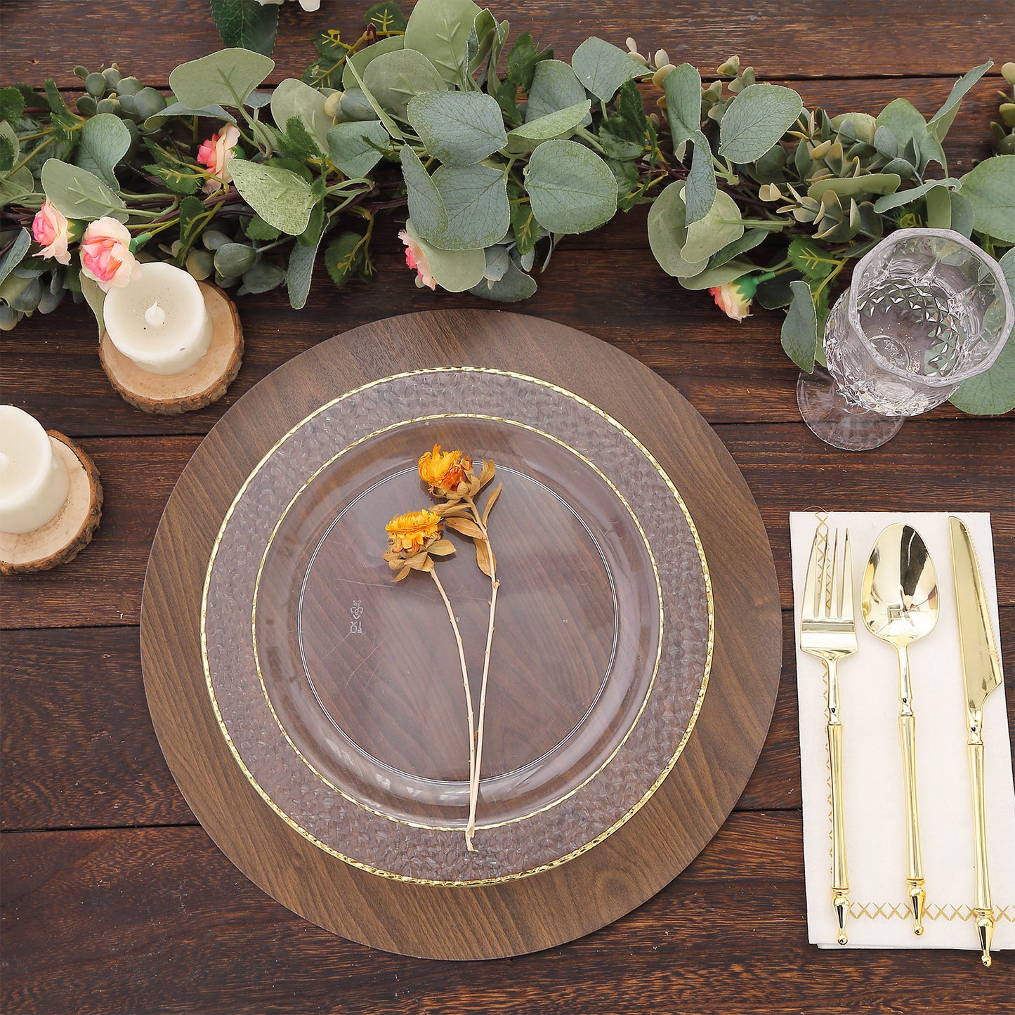 6 Pack Brown 13" Disposable Placemats With Walnut Wood Design, Round Paper Dining Table Mats