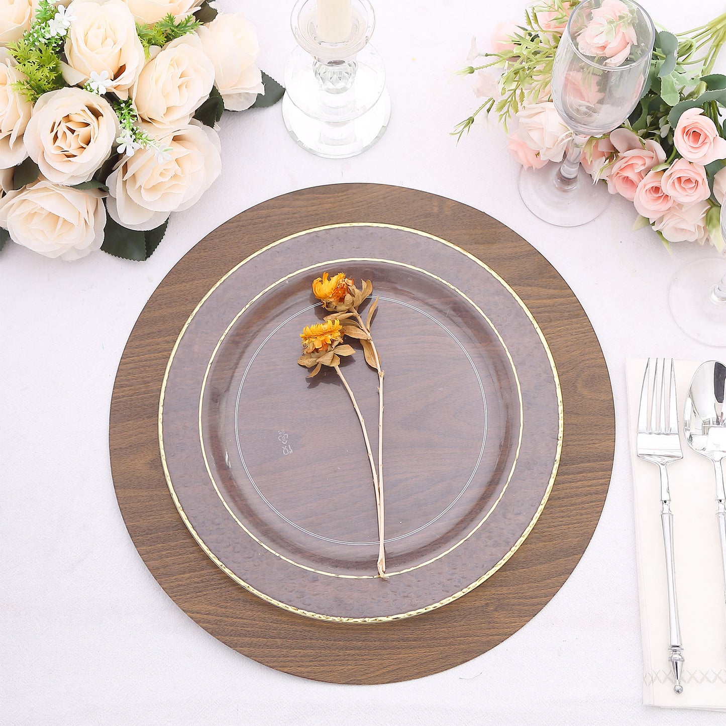 6 Pack Brown 13" Disposable Placemats With Walnut Wood Design, Round Paper Dining Table Mats