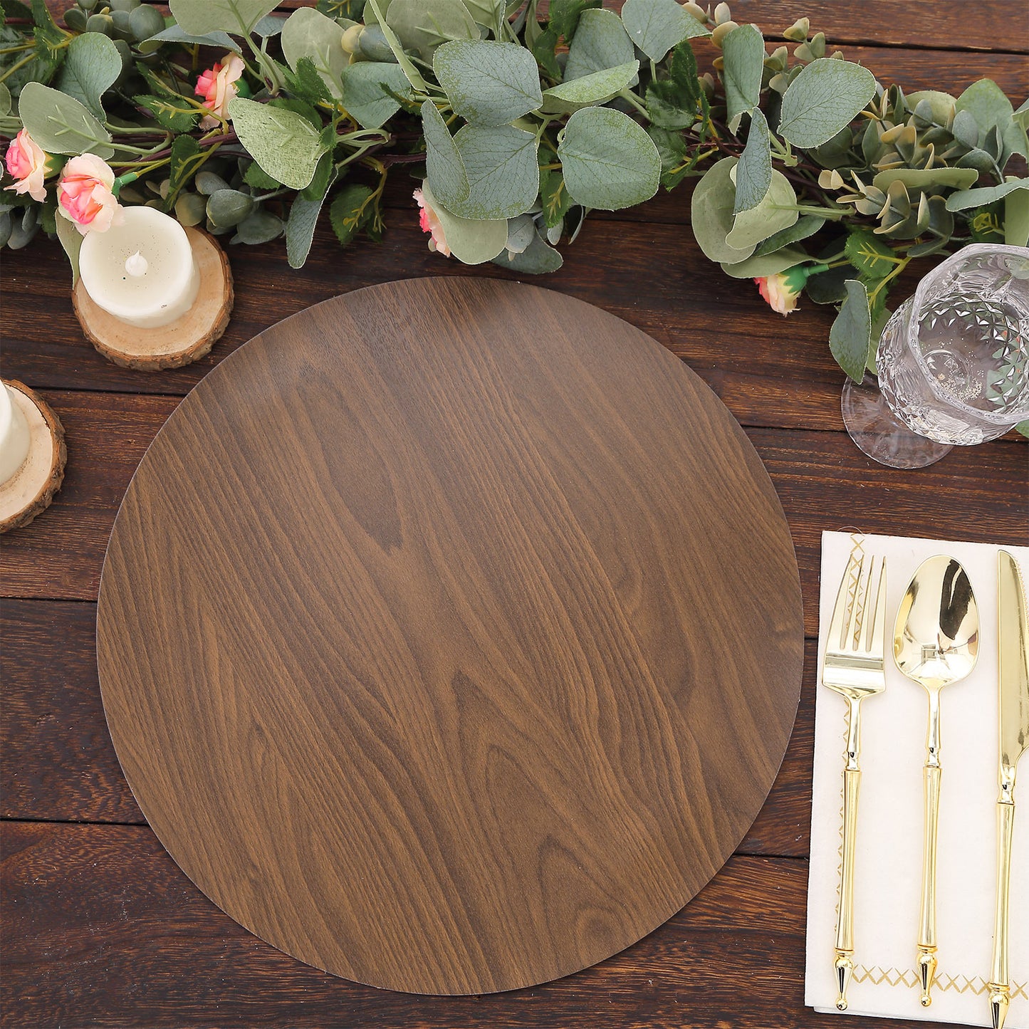 6 Pack Brown 13" Disposable Placemats With Walnut Wood Design, Round Paper Dining Table Mats