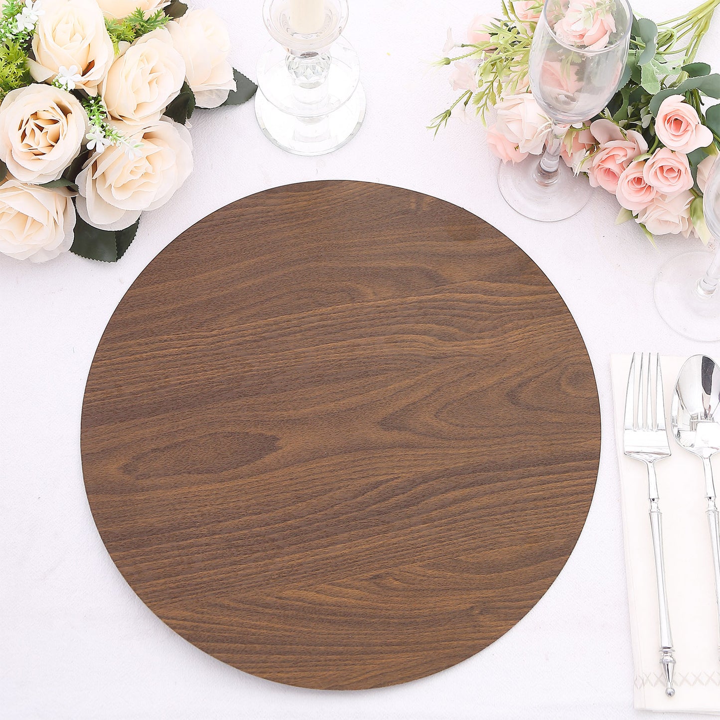 6 Pack Brown 13" Disposable Placemats With Walnut Wood Design, Round Paper Dining Table Mats