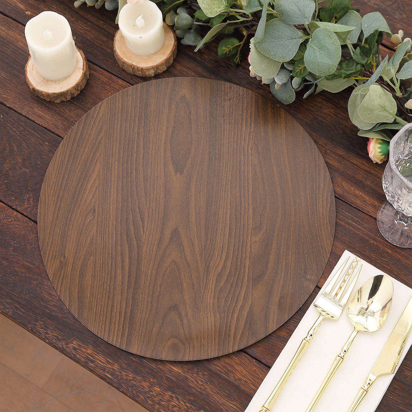 6 Pack Brown 13" Disposable Placemats With Walnut Wood Design, Round Paper Dining Table Mats