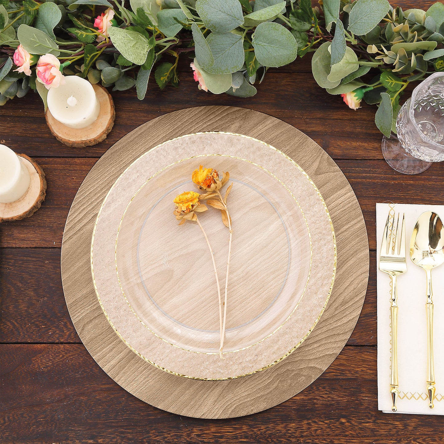 6 Pack Natural 13" Disposable Placemats With Walnut Wood Design, Round Paper Dining Table Mats