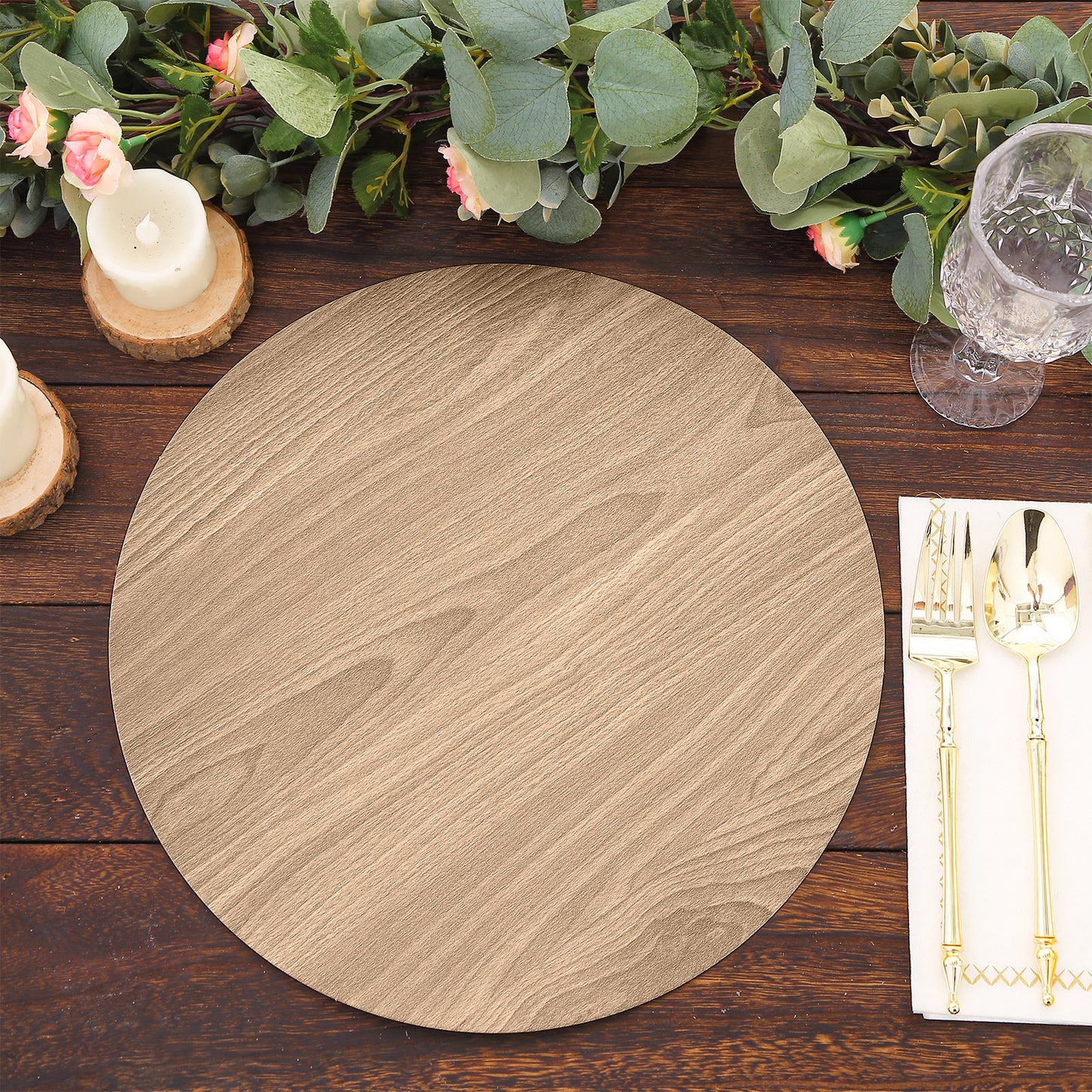 6 Pack Natural 13" Disposable Placemats With Walnut Wood Design, Round Paper Dining Table Mats
