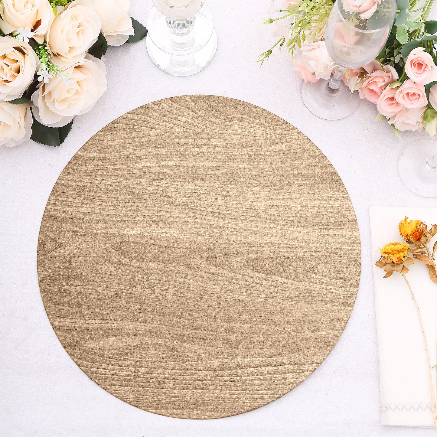 6 Pack Natural 13" Disposable Placemats With Walnut Wood Design, Round Paper Dining Table Mats