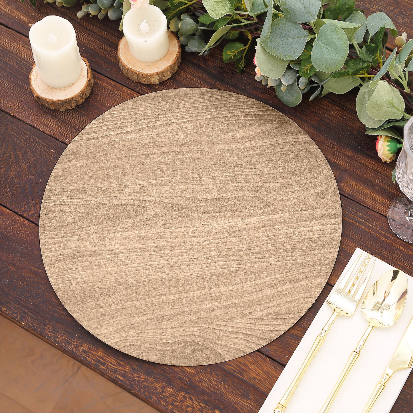6 Pack Natural 13" Disposable Placemats With Walnut Wood Design, Round Paper Dining Table Mats