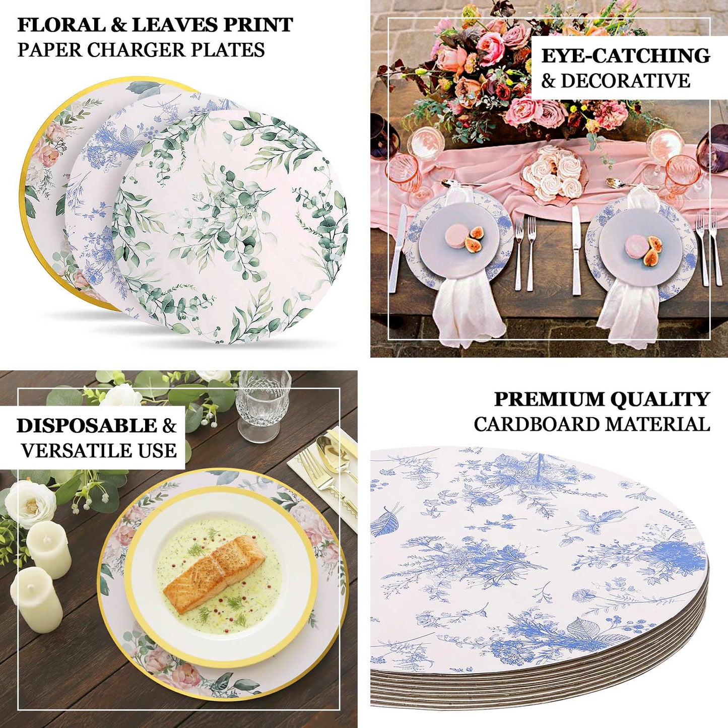 6 Pack White Pink Floral Cardboard Paper Charger Plates with Gold Rim, 13" Round Disposable Placemats- 700 GSM