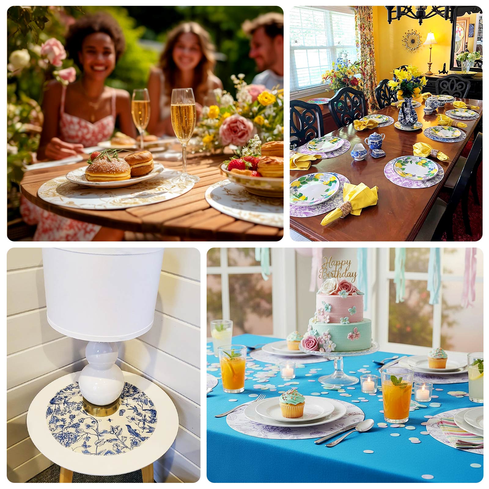 6 Pack White Blue Cardboard Paper Charger Plates in French Toile Floral Pattern, 13" Round Disposable Placemats- 700 GSM