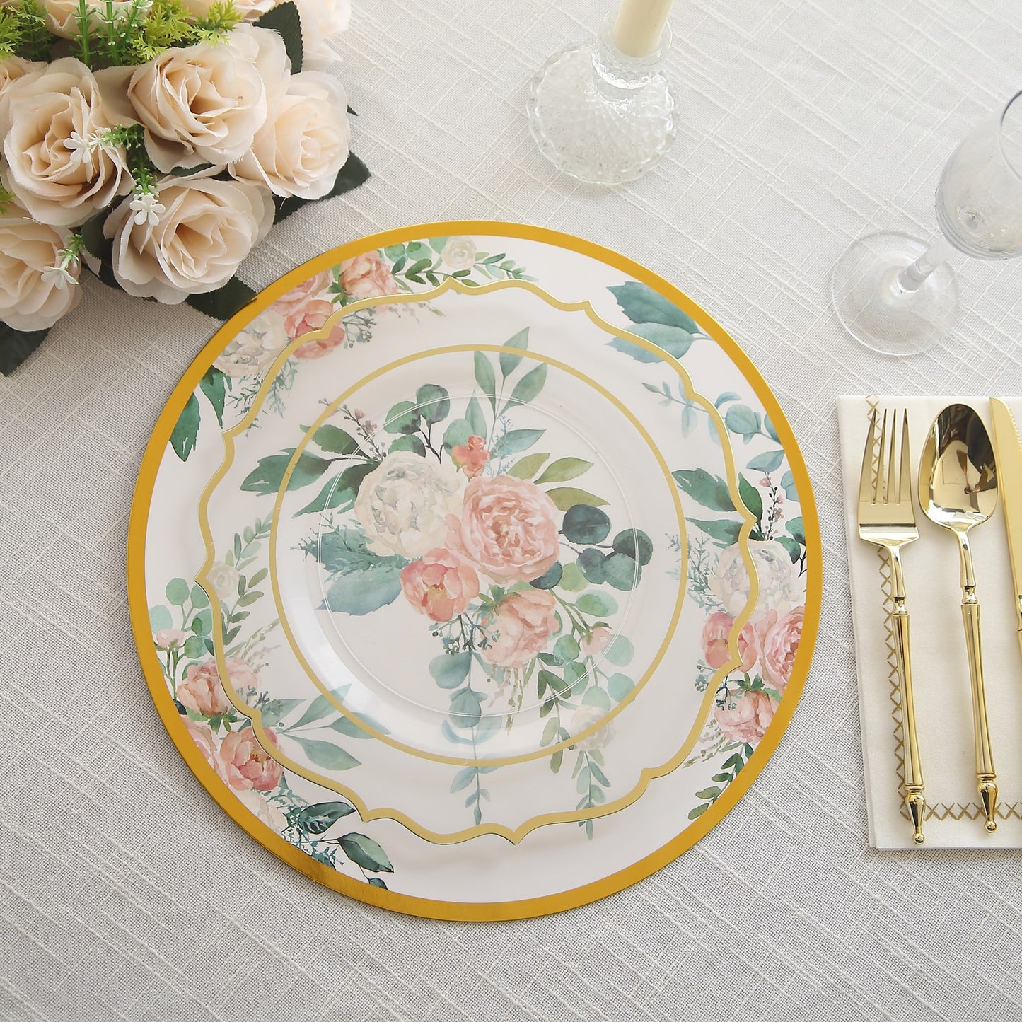 6 Pack White Pink Floral Cardboard Paper Charger Plates with Gold Rim, 13" Round Disposable Placemats- 700 GSM