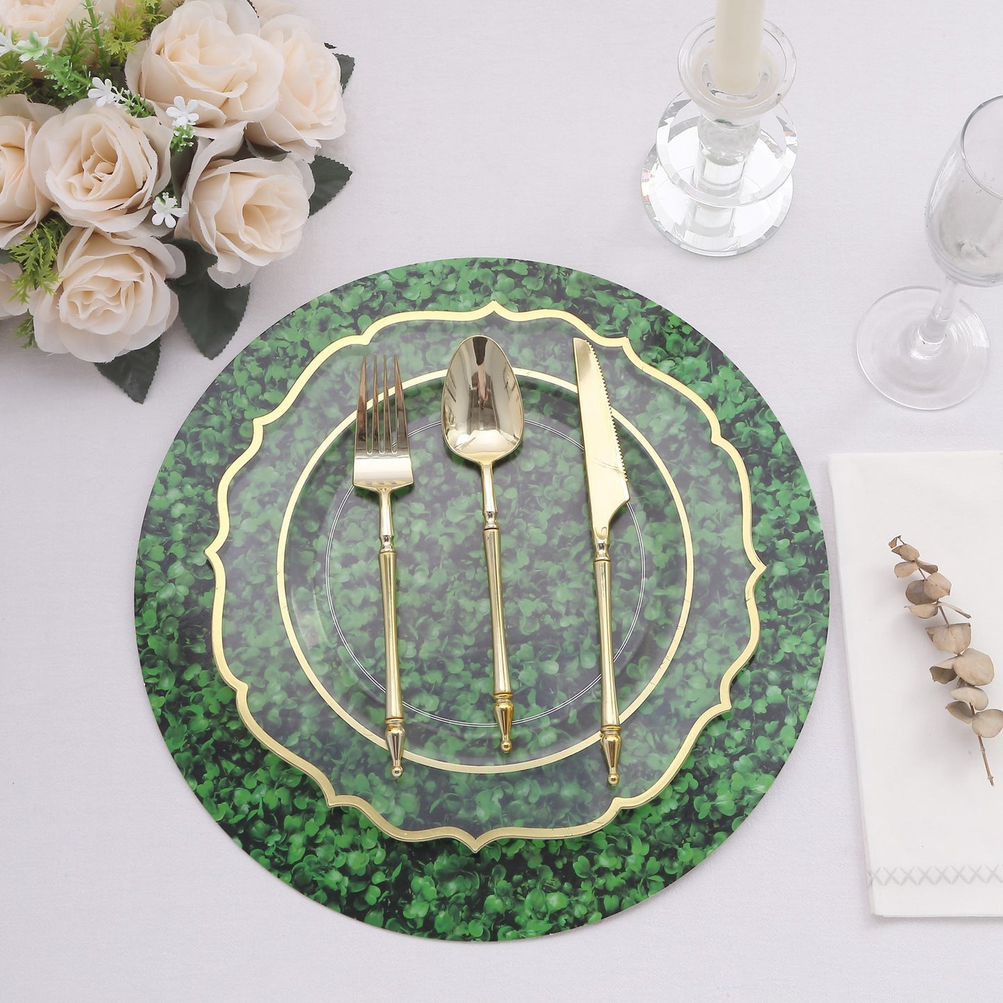 6 Pack Green Boxwood Leaf Print Disposable Dining Table Mats, 13" Round Cardstock Paper Placemats - 700 GSM