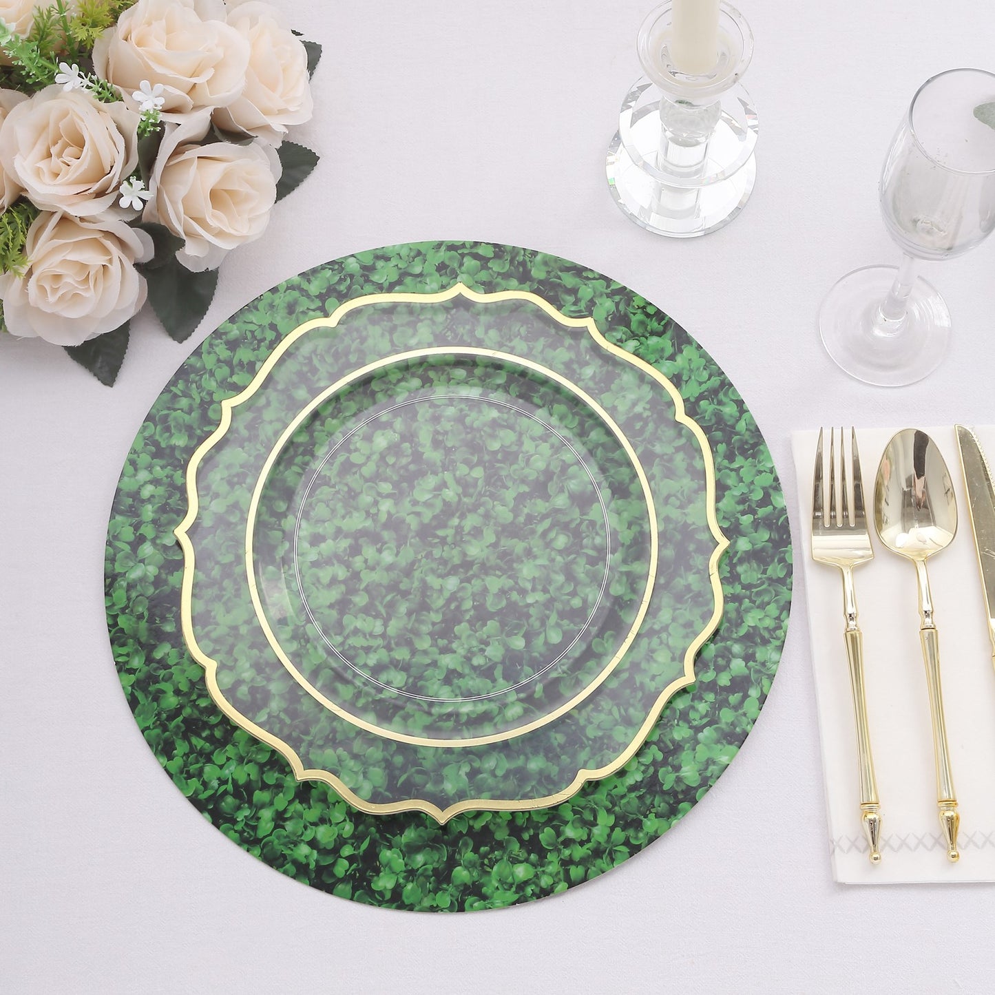 6 Pack Green Boxwood Leaf Print Disposable Dining Table Mats, 13" Round Cardstock Paper Placemats - 700 GSM