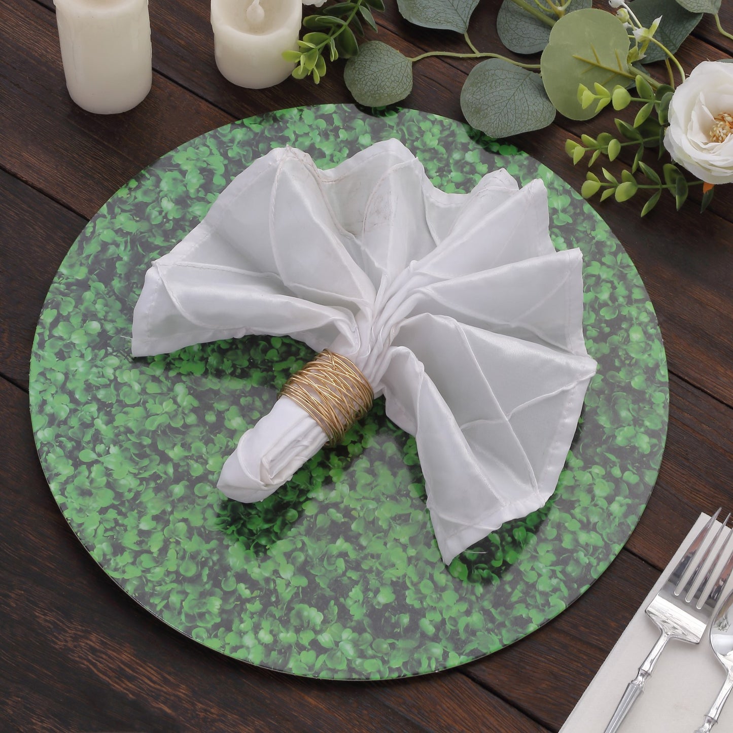 6 Pack Green Boxwood Leaf Print Disposable Dining Table Mats, 13" Round Cardstock Paper Placemats - 700 GSM