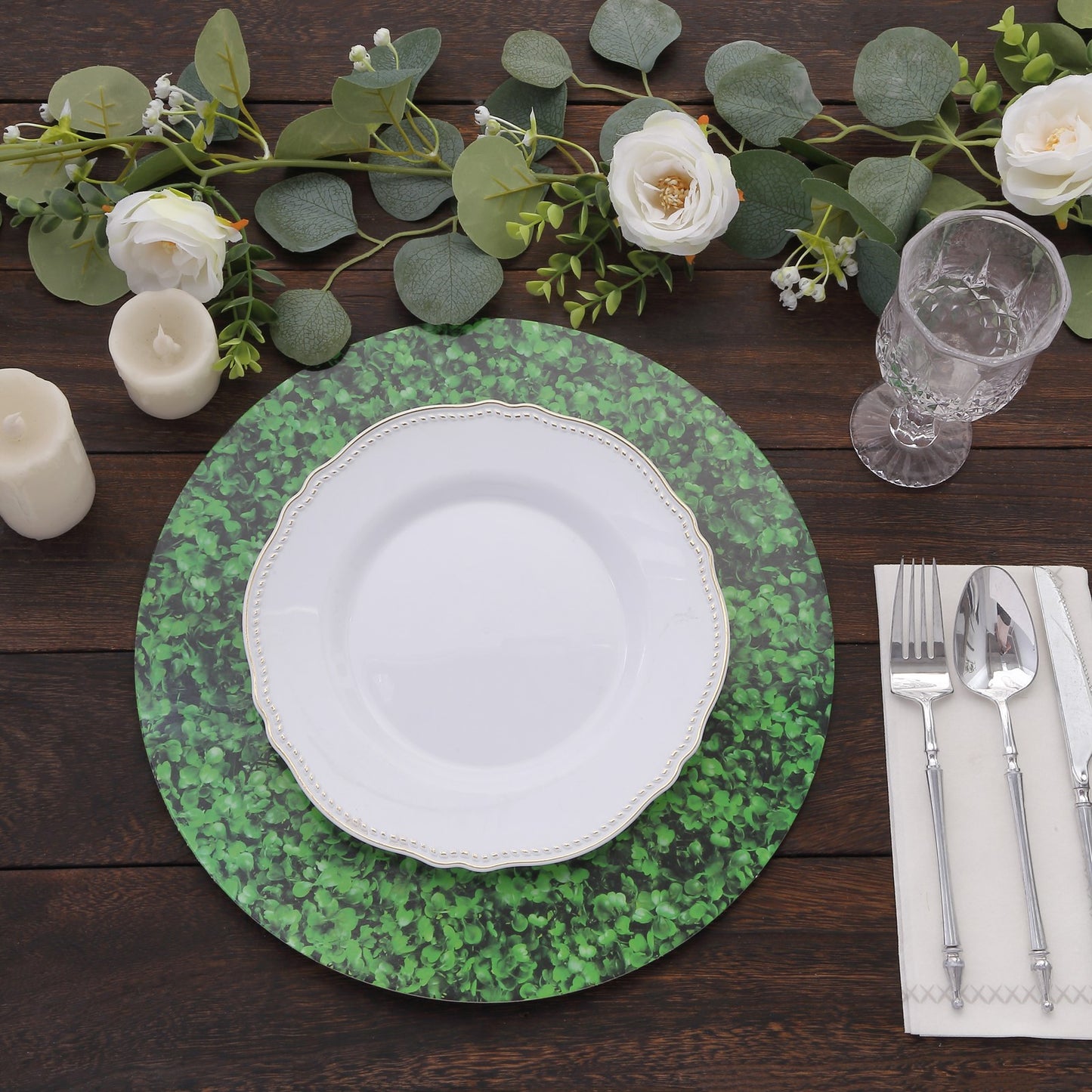 6 Pack Green Boxwood Leaf Print Disposable Dining Table Mats, 13" Round Cardstock Paper Placemats - 700 GSM