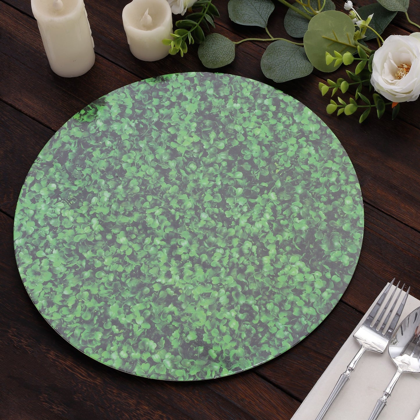 6 Pack Green Boxwood Leaf Print Disposable Dining Table Mats, 13" Round Cardstock Paper Placemats - 700 GSM