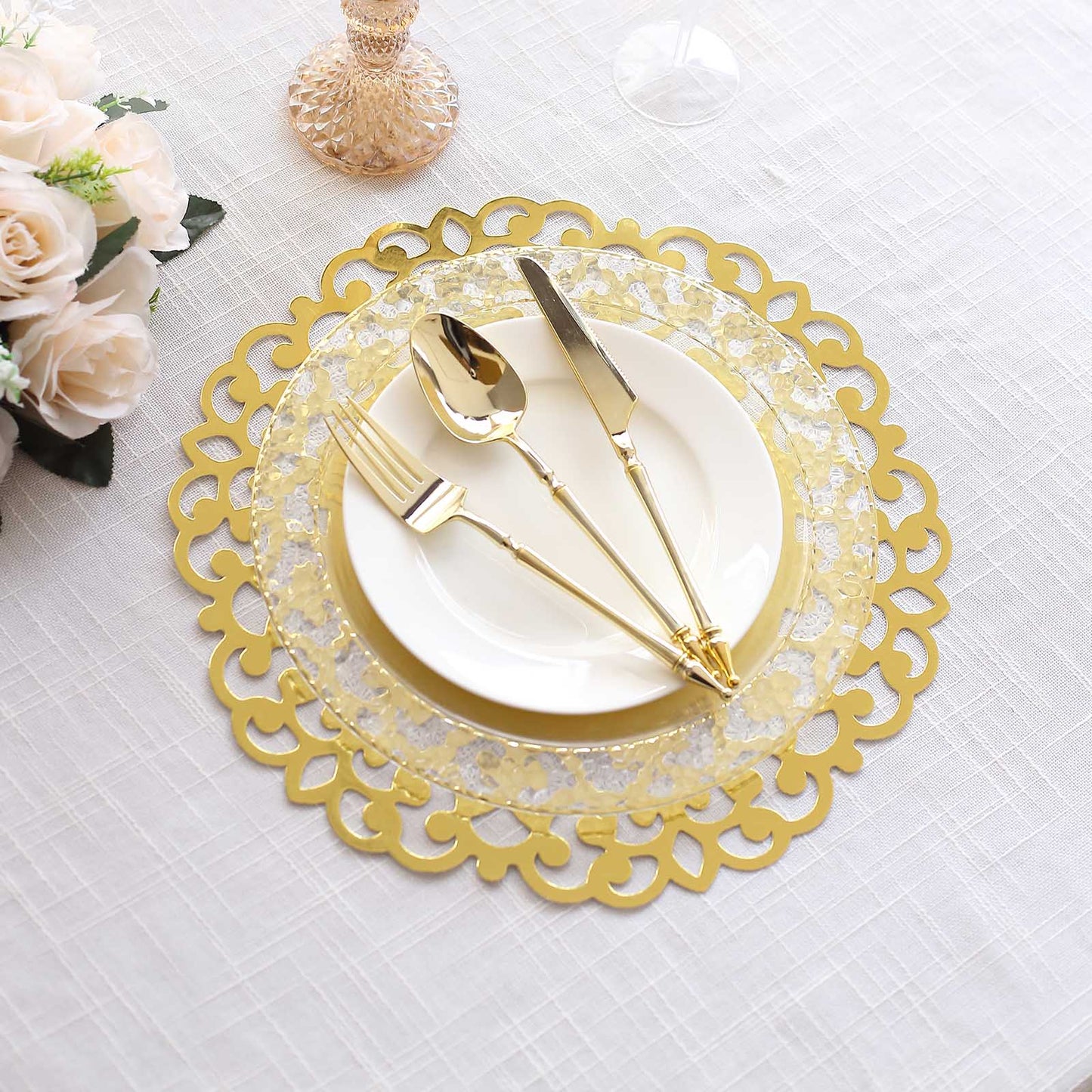 6 Pack Metallic Gold Laser Cut Disposable Dining Table Mats with Floral Rim, 13" Round Cardboard Placemats - 400GSM