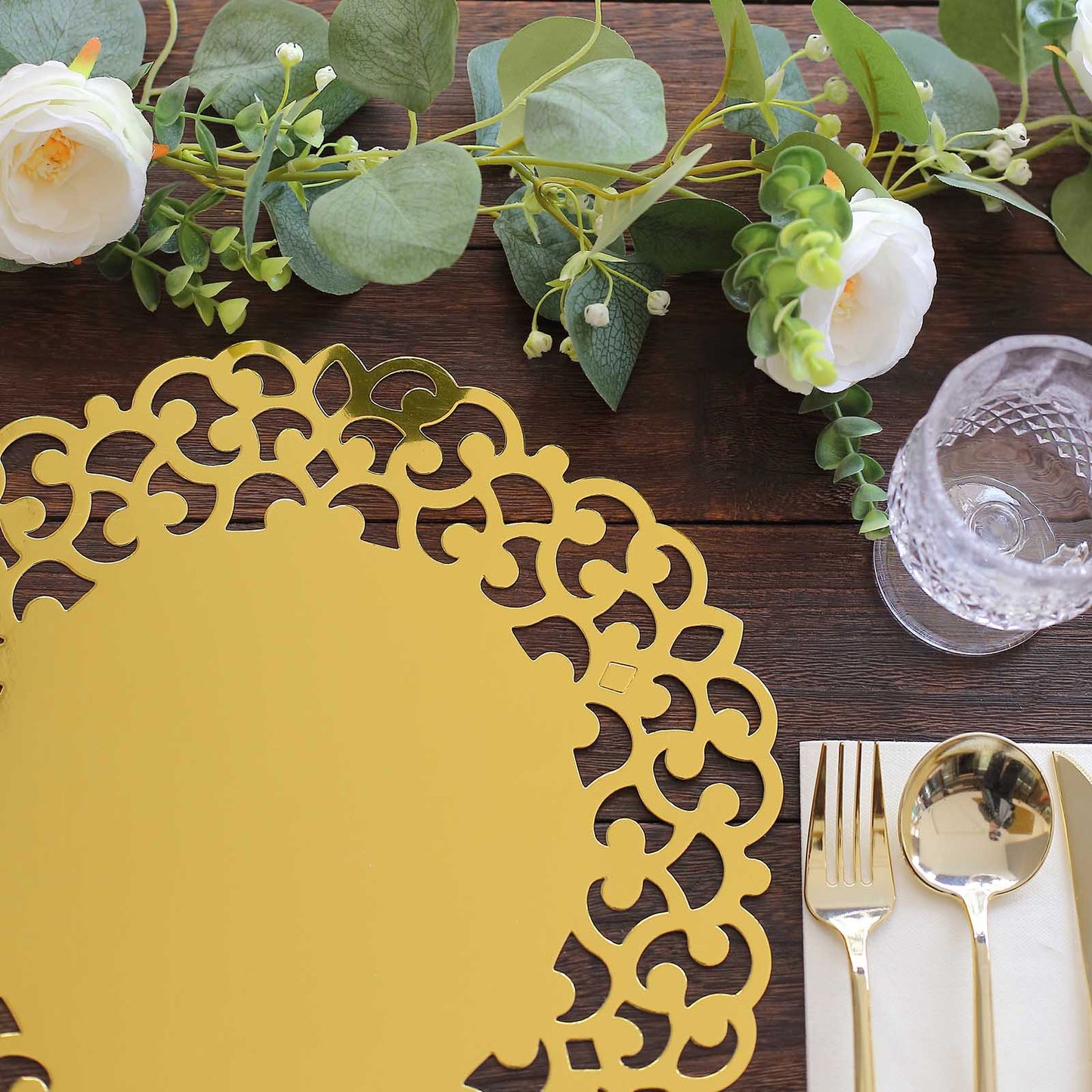 6 Pack Metallic Gold Laser Cut Disposable Dining Table Mats with Floral Rim, 13" Round Cardboard Placemats - 400GSM