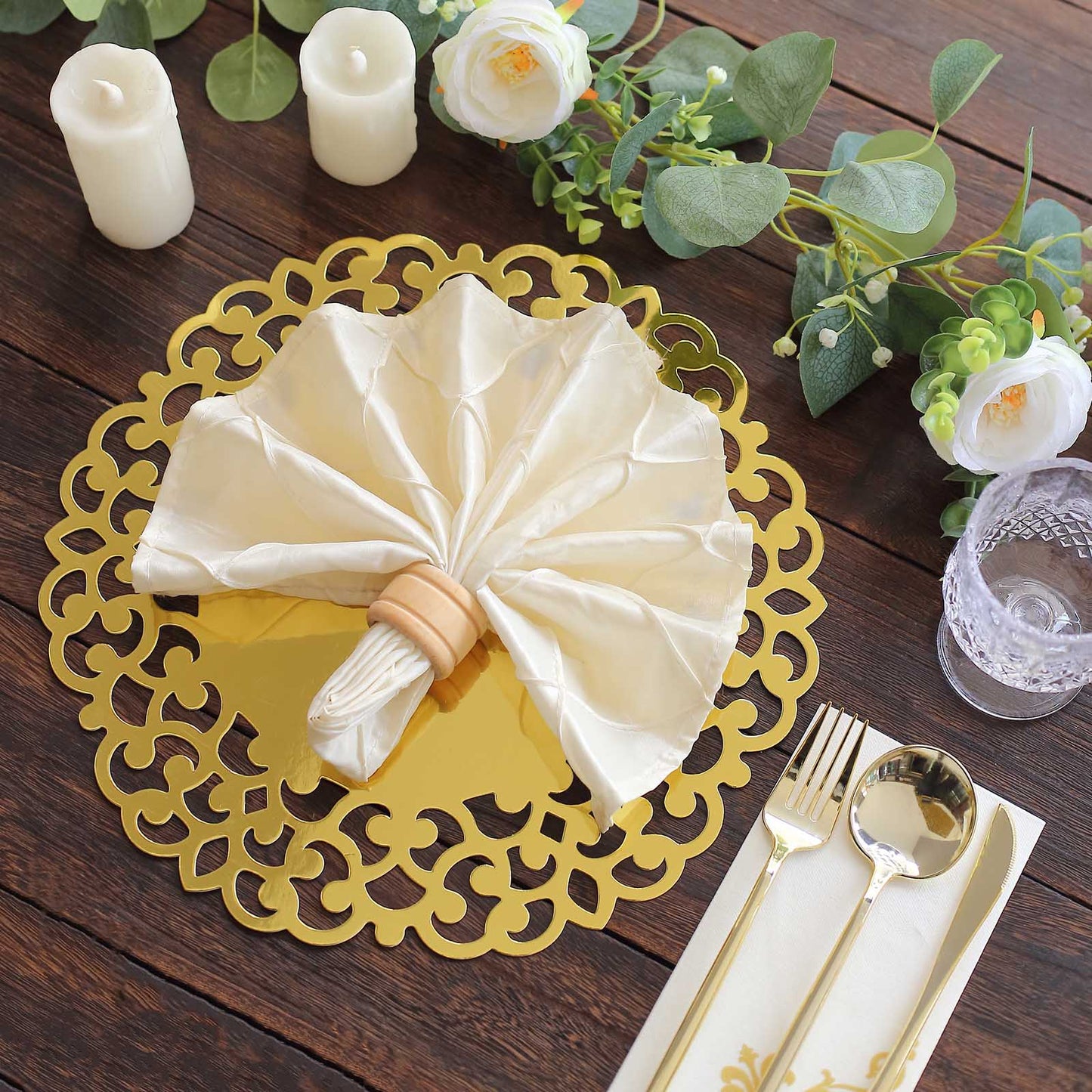 6 Pack Metallic Gold Laser Cut Disposable Dining Table Mats with Floral Rim, 13" Round Cardboard Placemats - 400GSM