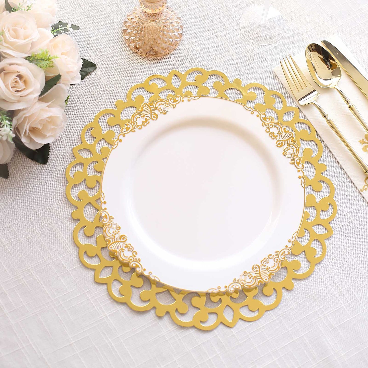 6 Pack Metallic Gold Laser Cut Disposable Dining Table Mats with Floral Rim, 13" Round Cardboard Placemats - 400GSM