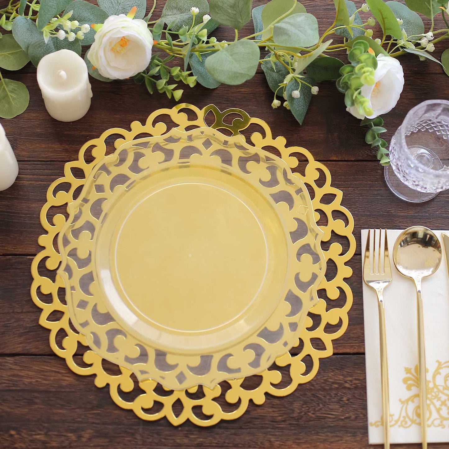 6 Pack Metallic Gold Laser Cut Disposable Dining Table Mats with Floral Rim, 13" Round Cardboard Placemats - 400GSM