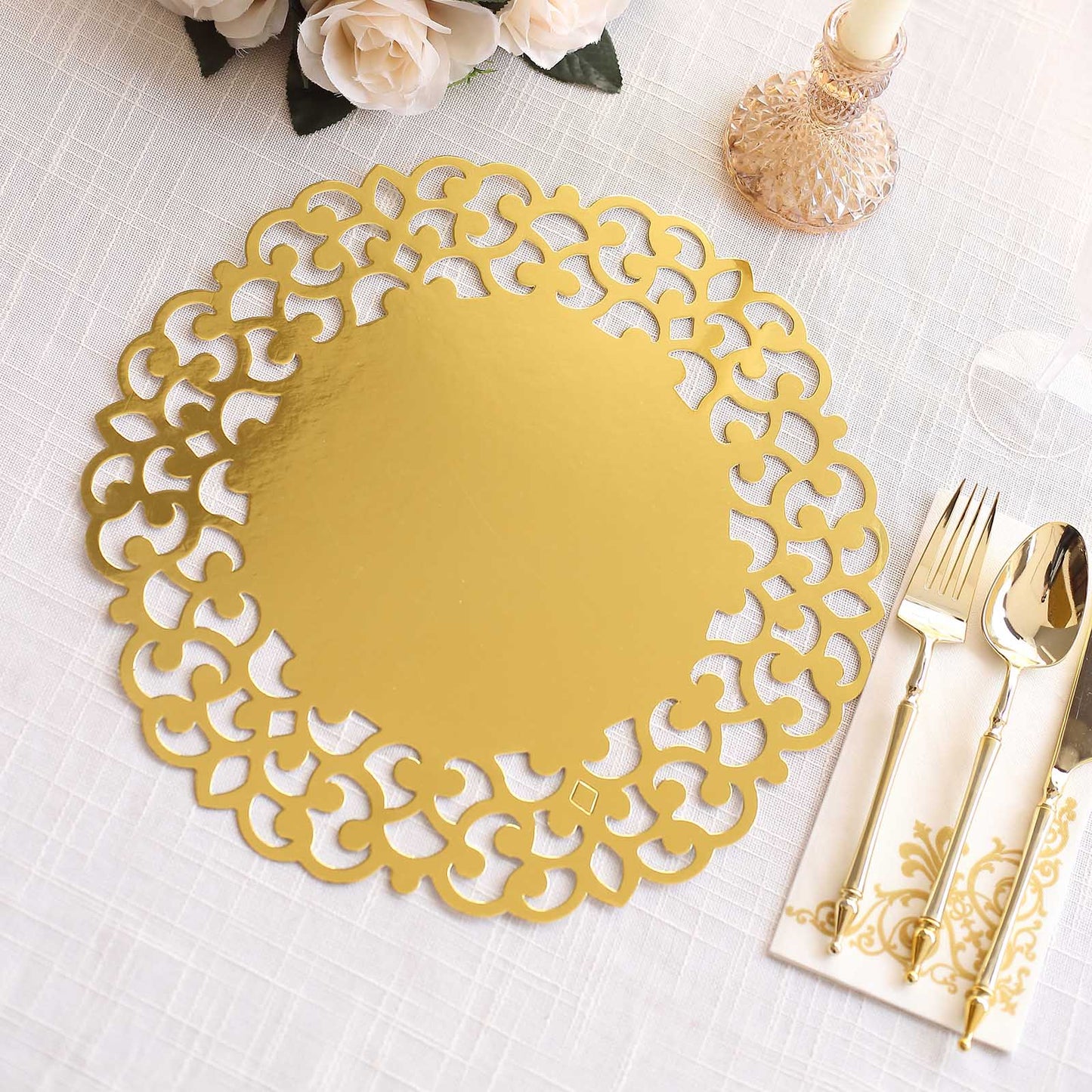 6 Pack Metallic Gold Laser Cut Disposable Dining Table Mats with Floral Rim, 13" Round Cardboard Placemats - 400GSM