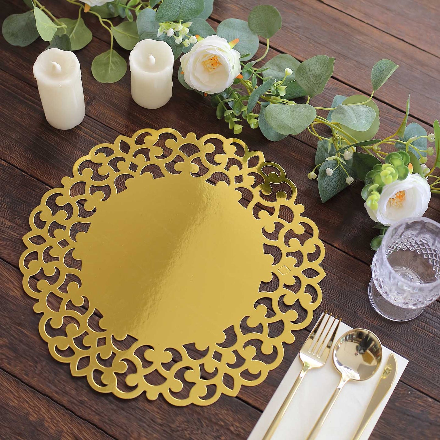 6 Pack Metallic Gold Laser Cut Disposable Dining Table Mats with Floral Rim, 13" Round Cardboard Placemats - 400GSM