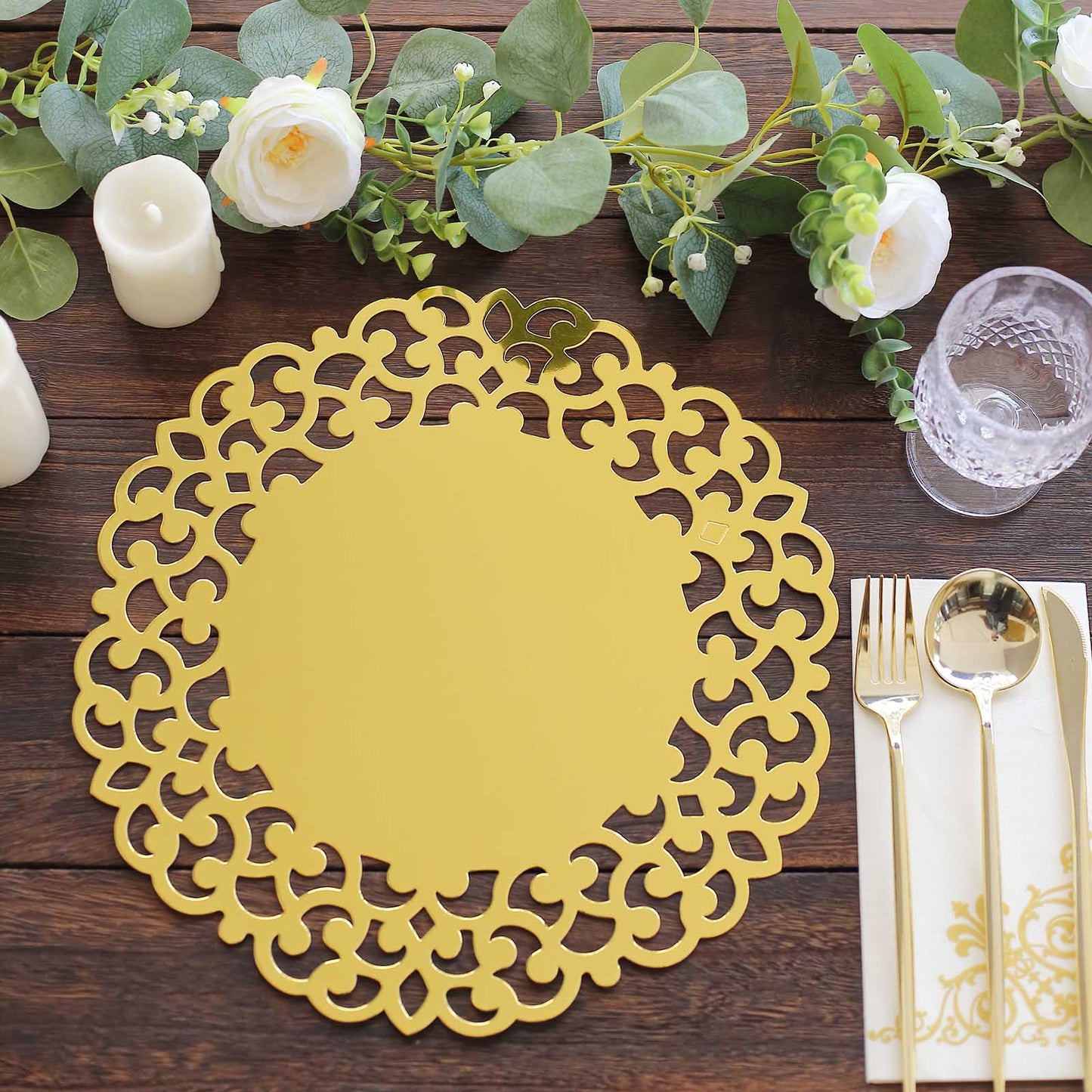 6 Pack Metallic Gold Laser Cut Disposable Dining Table Mats with Floral Rim, 13" Round Cardboard Placemats - 400GSM