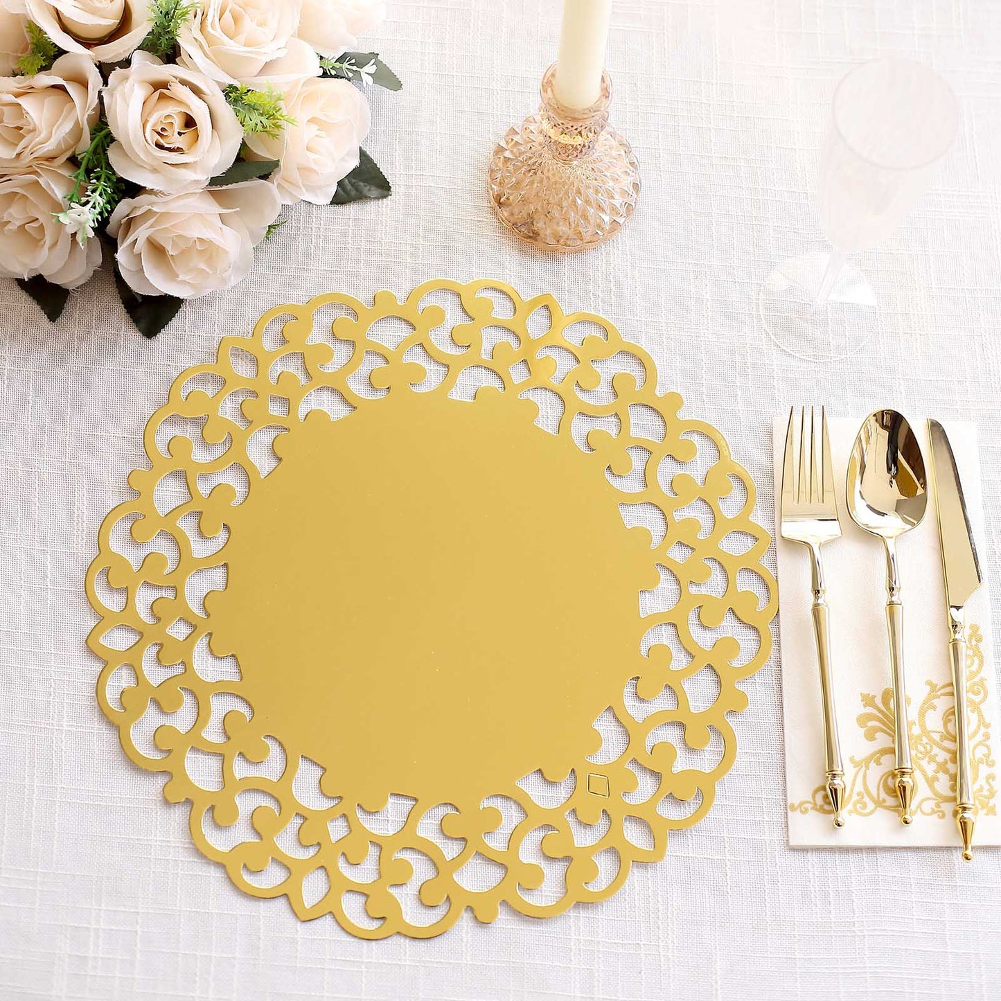 6 Pack Metallic Gold Laser Cut Disposable Dining Table Mats with Floral Rim, 13" Round Cardboard Placemats - 400GSM