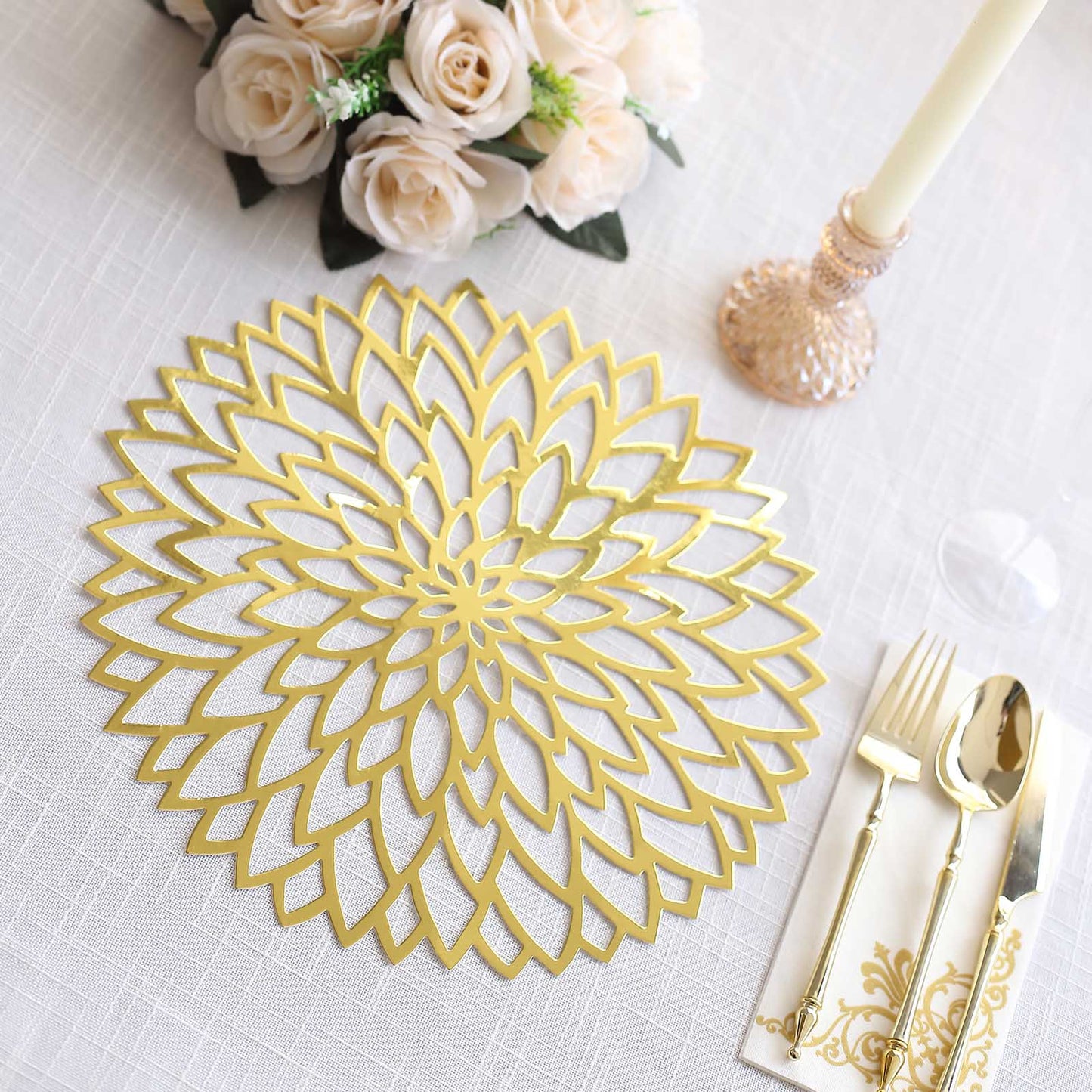 6 Pack Metallic Gold Laser Cut Hibiscus Flower Disposable Table Mats, 13" Round Cardboard Placemats - 400GSM