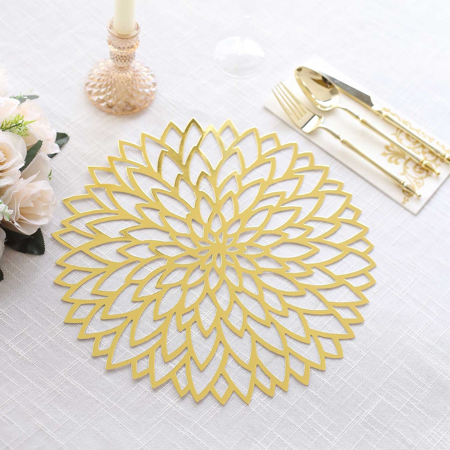 6 Pack Metallic Gold Laser Cut Hibiscus Flower Disposable Table Mats, 13" Round Cardboard Placemats - 400GSM