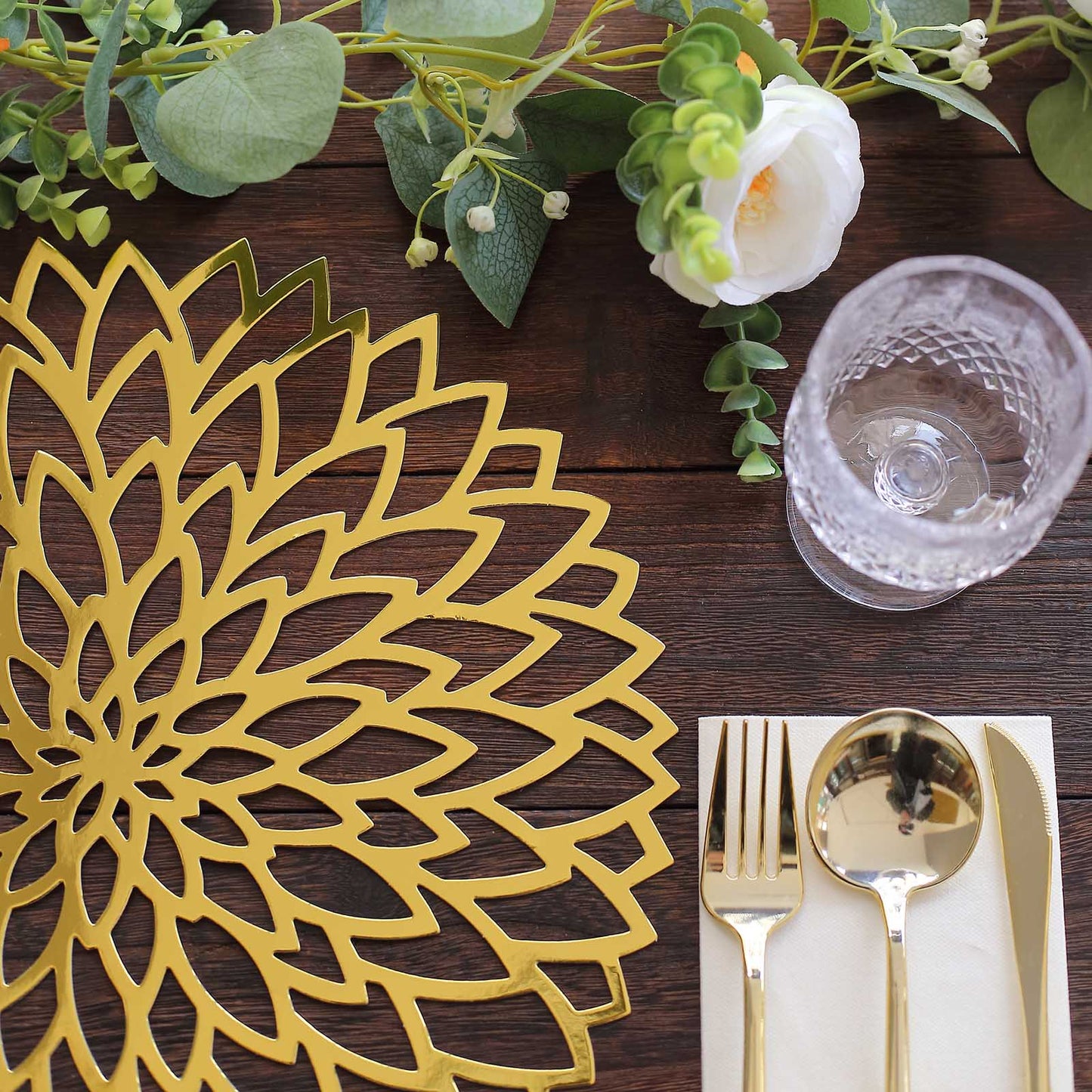 6 Pack Metallic Gold Laser Cut Hibiscus Flower Disposable Table Mats, 13" Round Cardboard Placemats - 400GSM