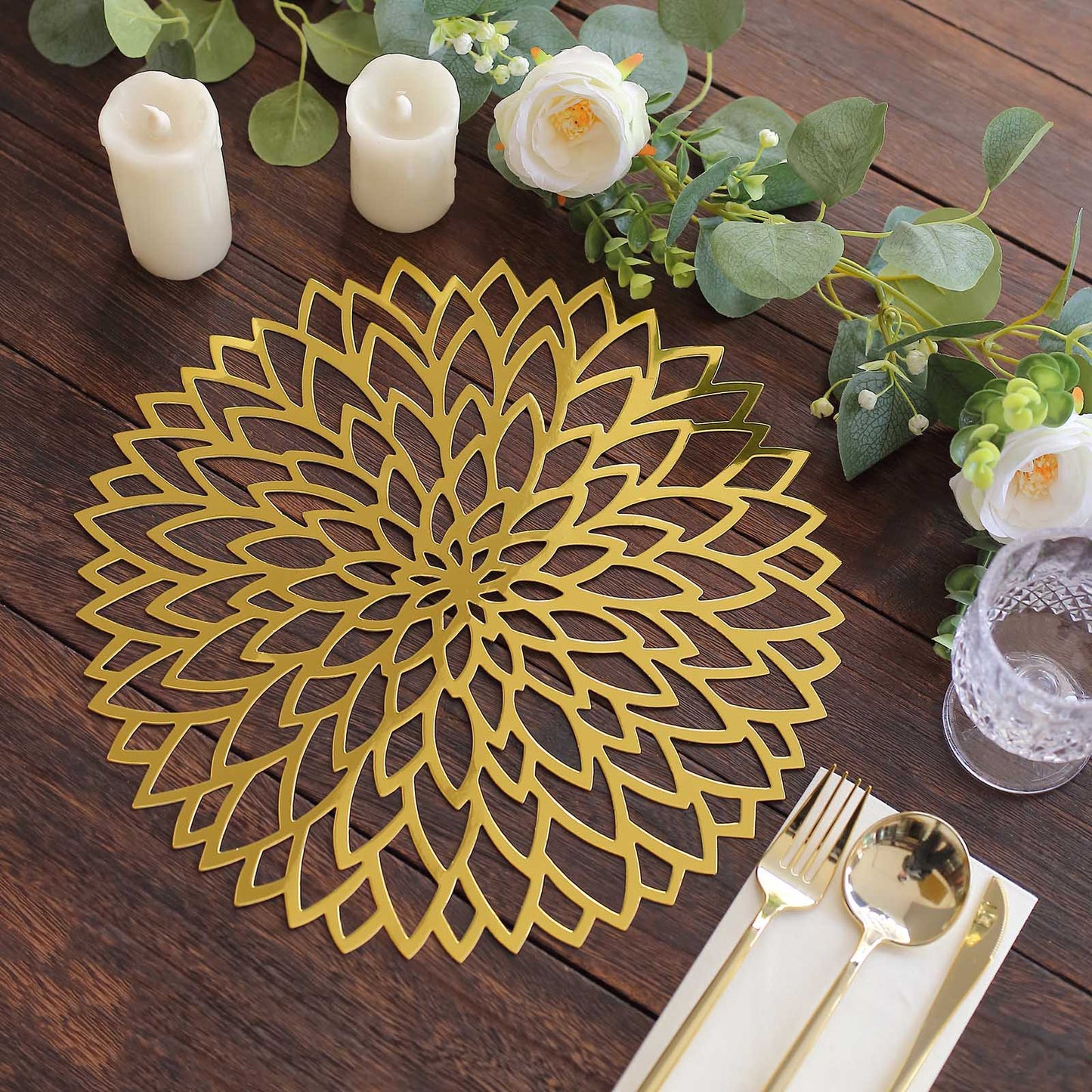 6 Pack Metallic Gold Laser Cut Hibiscus Flower Disposable Table Mats, 13" Round Cardboard Placemats - 400GSM