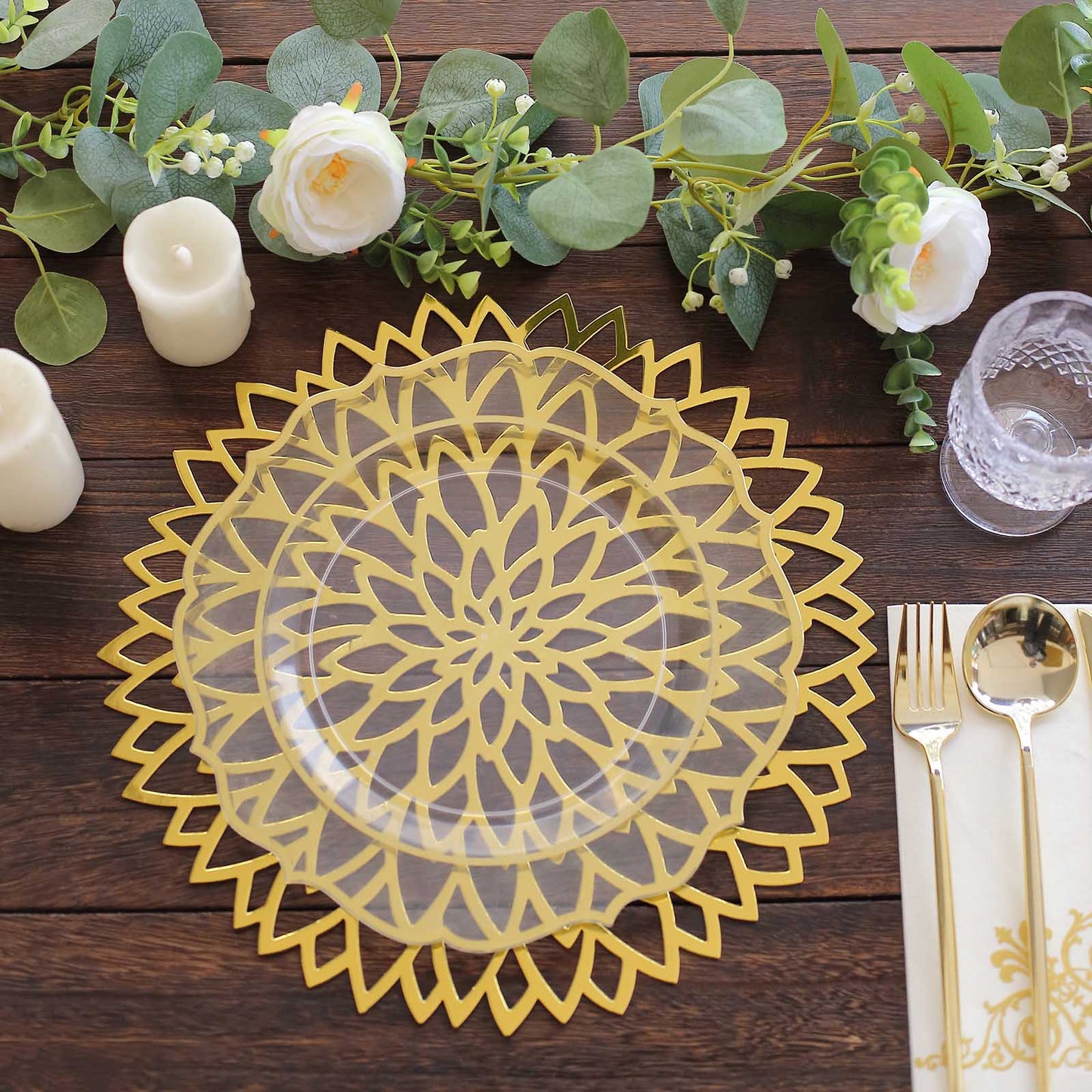 6 Pack Metallic Gold Laser Cut Hibiscus Flower Disposable Table Mats, 13" Round Cardboard Placemats - 400GSM