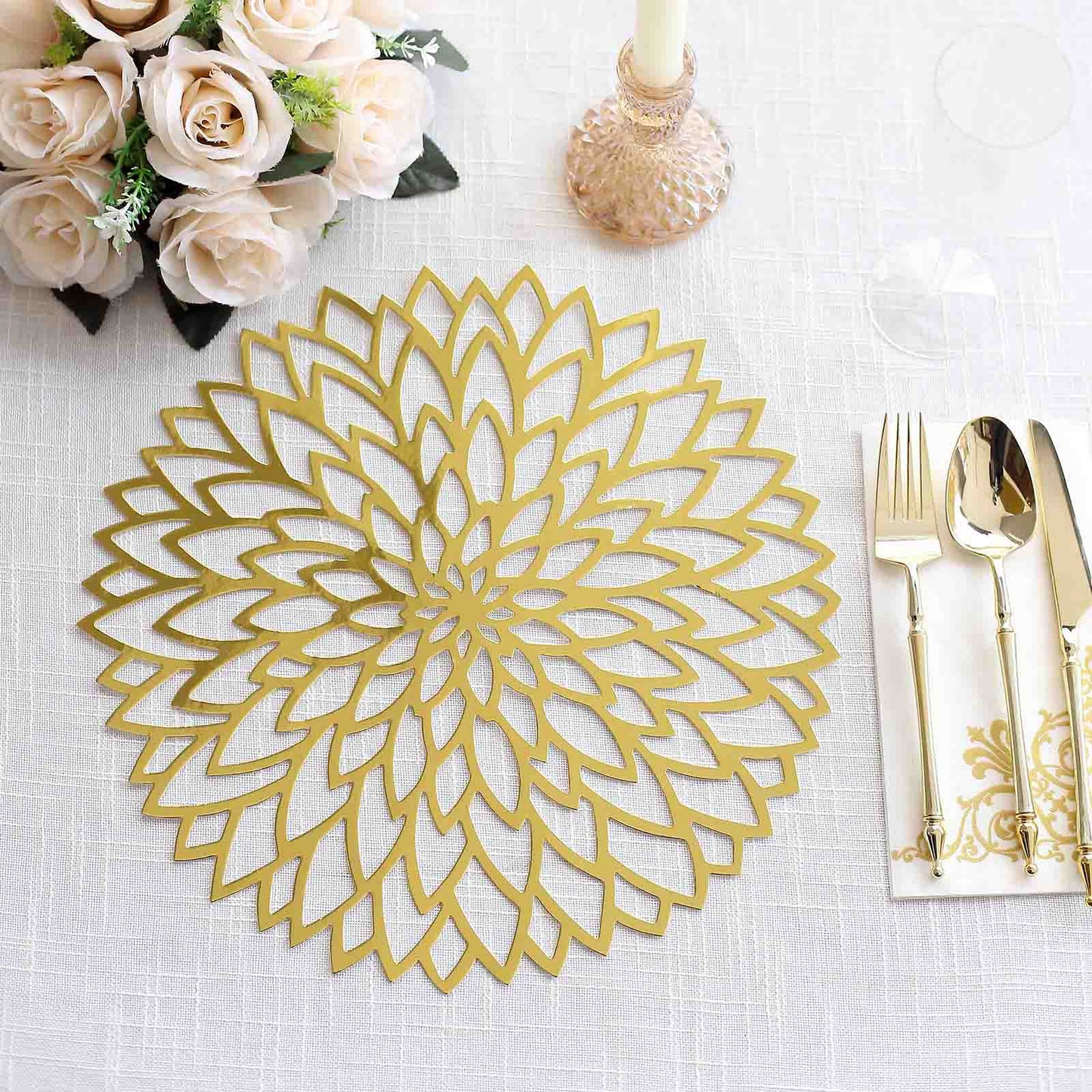 6 Pack Metallic Gold Laser Cut Hibiscus Flower Disposable Table Mats, 13" Round Cardboard Placemats - 400GSM