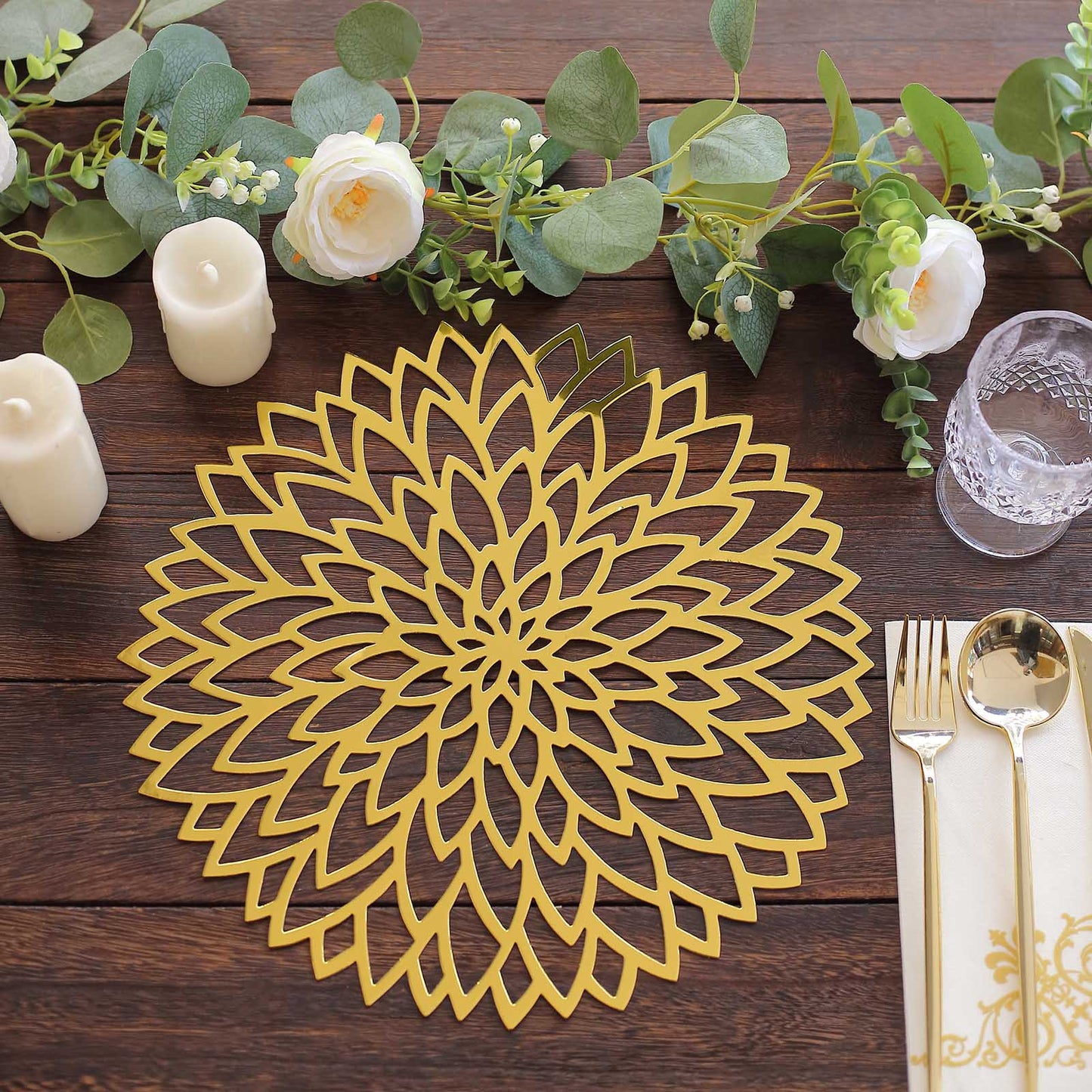 6 Pack Metallic Gold Laser Cut Hibiscus Flower Disposable Table Mats, 13" Round Cardboard Placemats - 400GSM