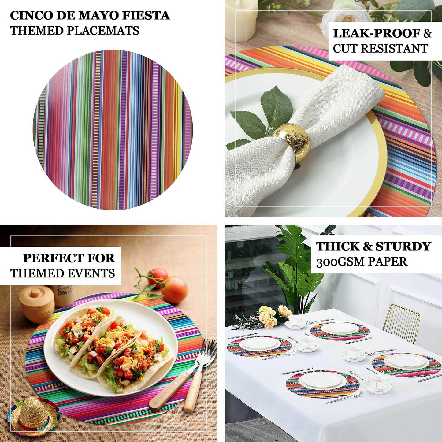 10 Pack Cinco De Mayo Party Theme Paper Placemats, 13" Round Mexican Serape Fiesta Disposable Dining Table Mats - 300 GSM