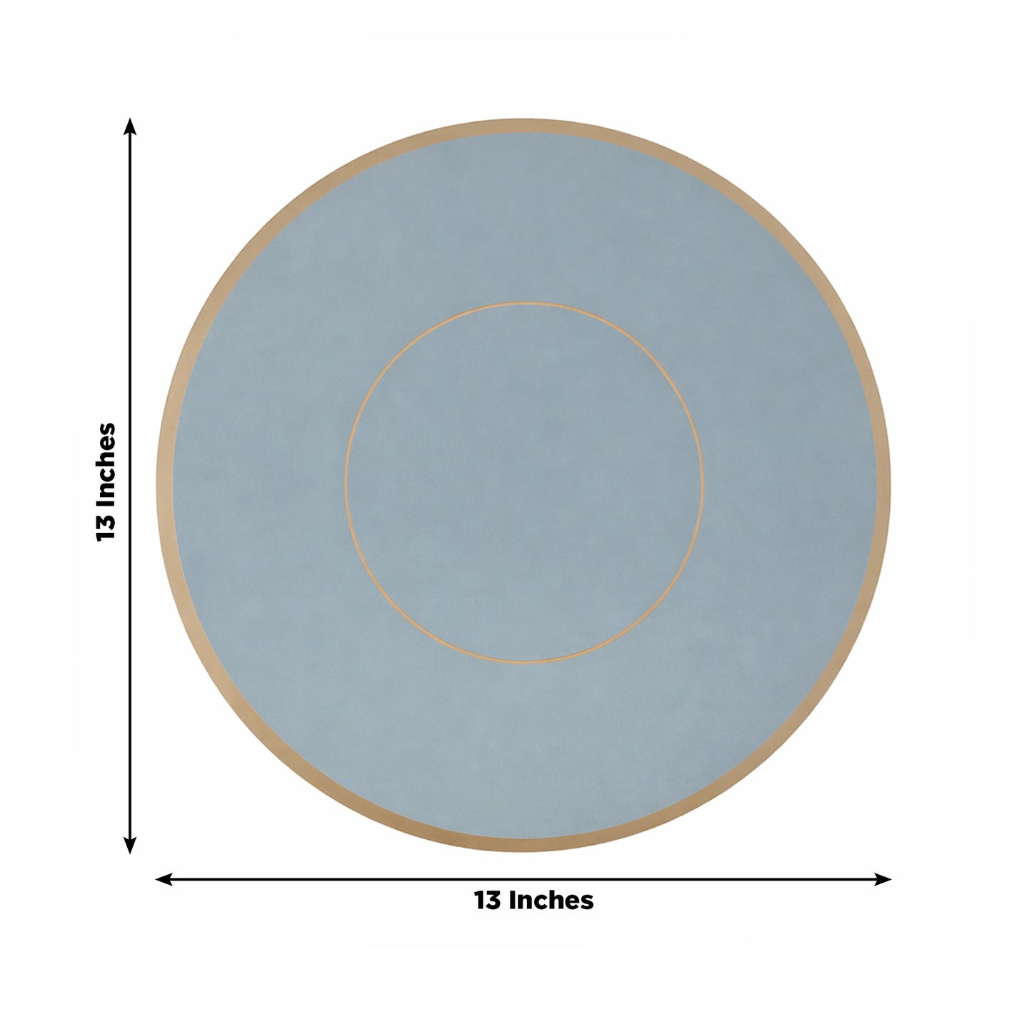 Dusty blue round disposable table placemat with gold rim, 13 inches.
