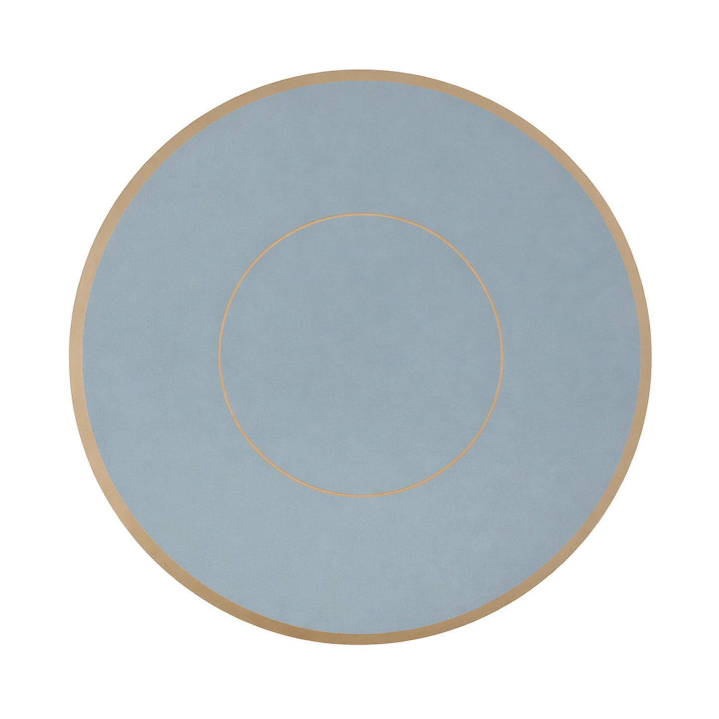 Dusty blue round disposable placemat with gold rim.
