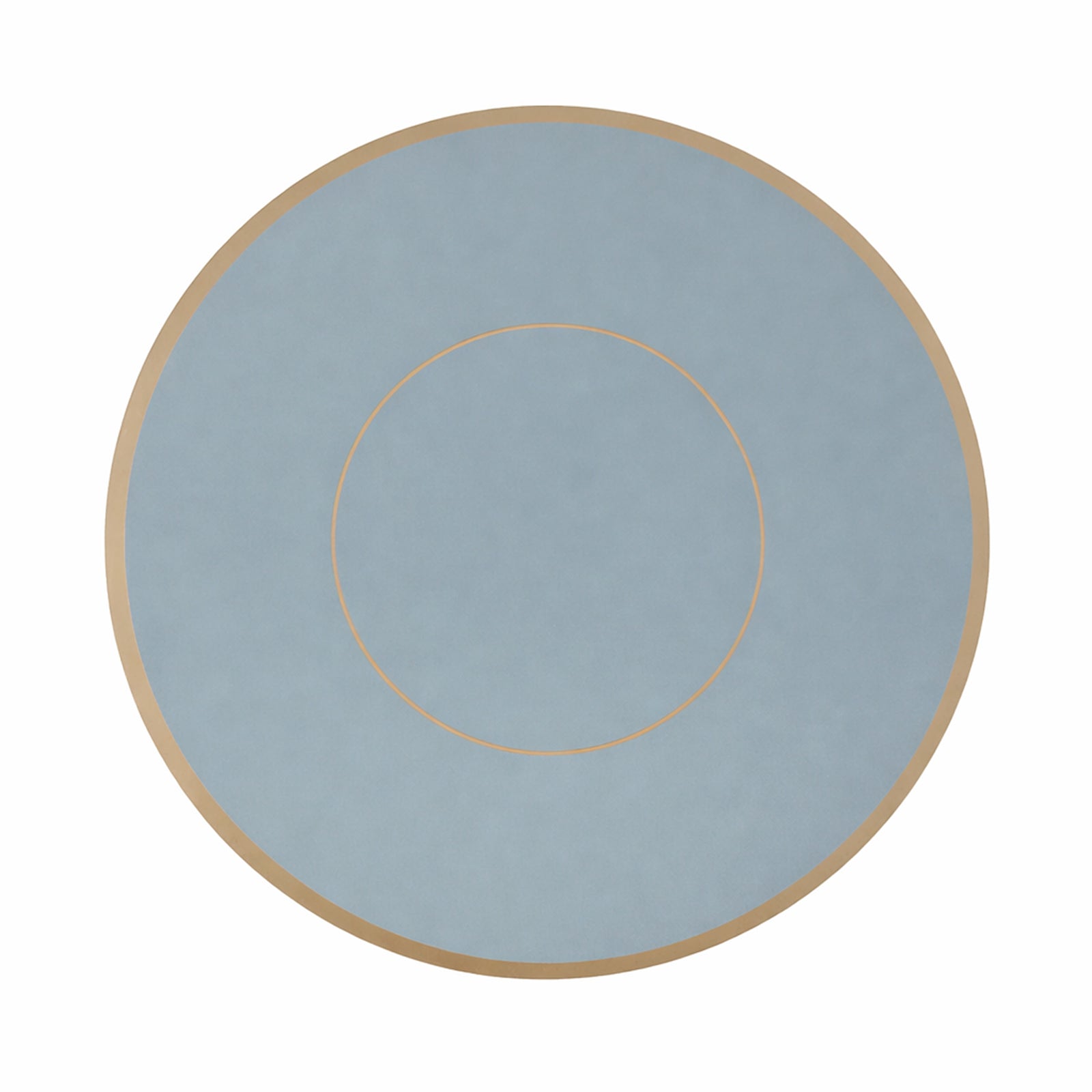 Dusty blue round disposable placemat with gold rim.