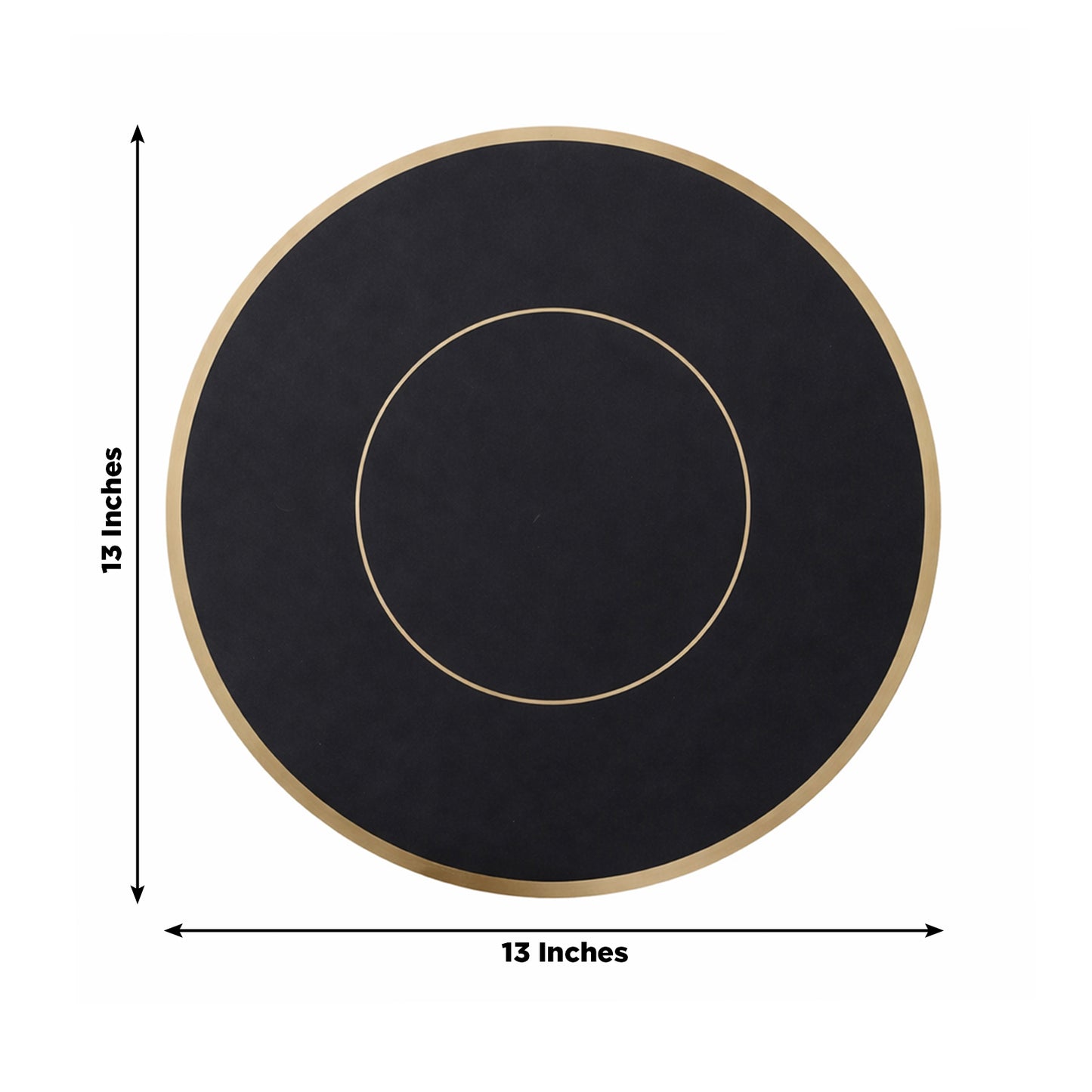 Black round disposable table placemat with gold rim, 13 inches. Ideal for events.