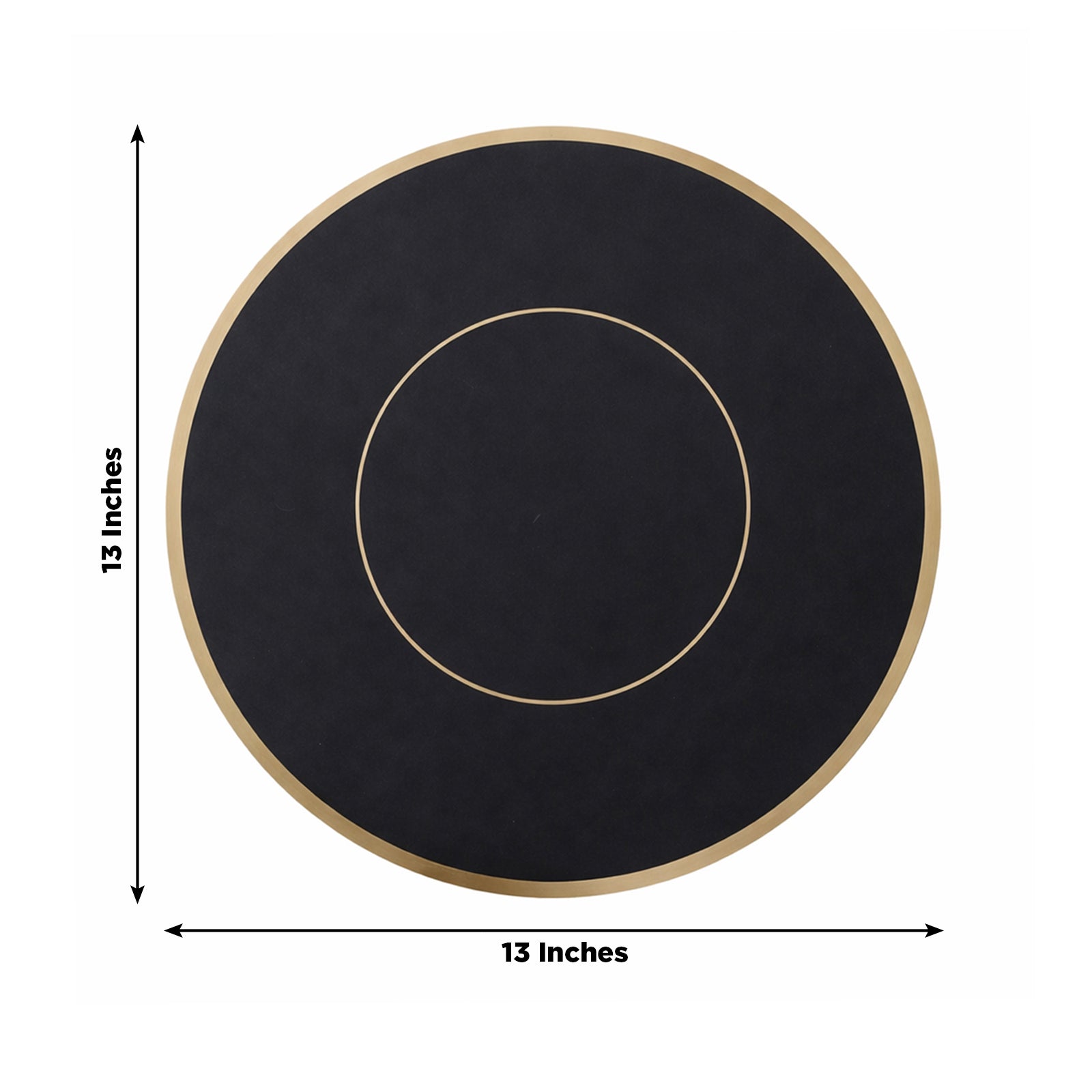 Black round disposable table placemat with gold rim, 13 inches. Ideal for events.