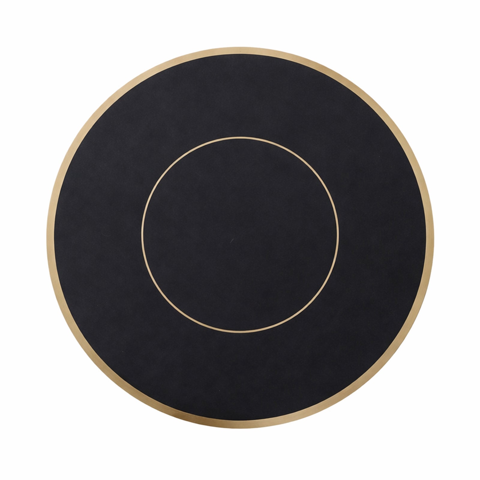 Black round disposable placemat with gold rim, 13 inches, 50 pack.