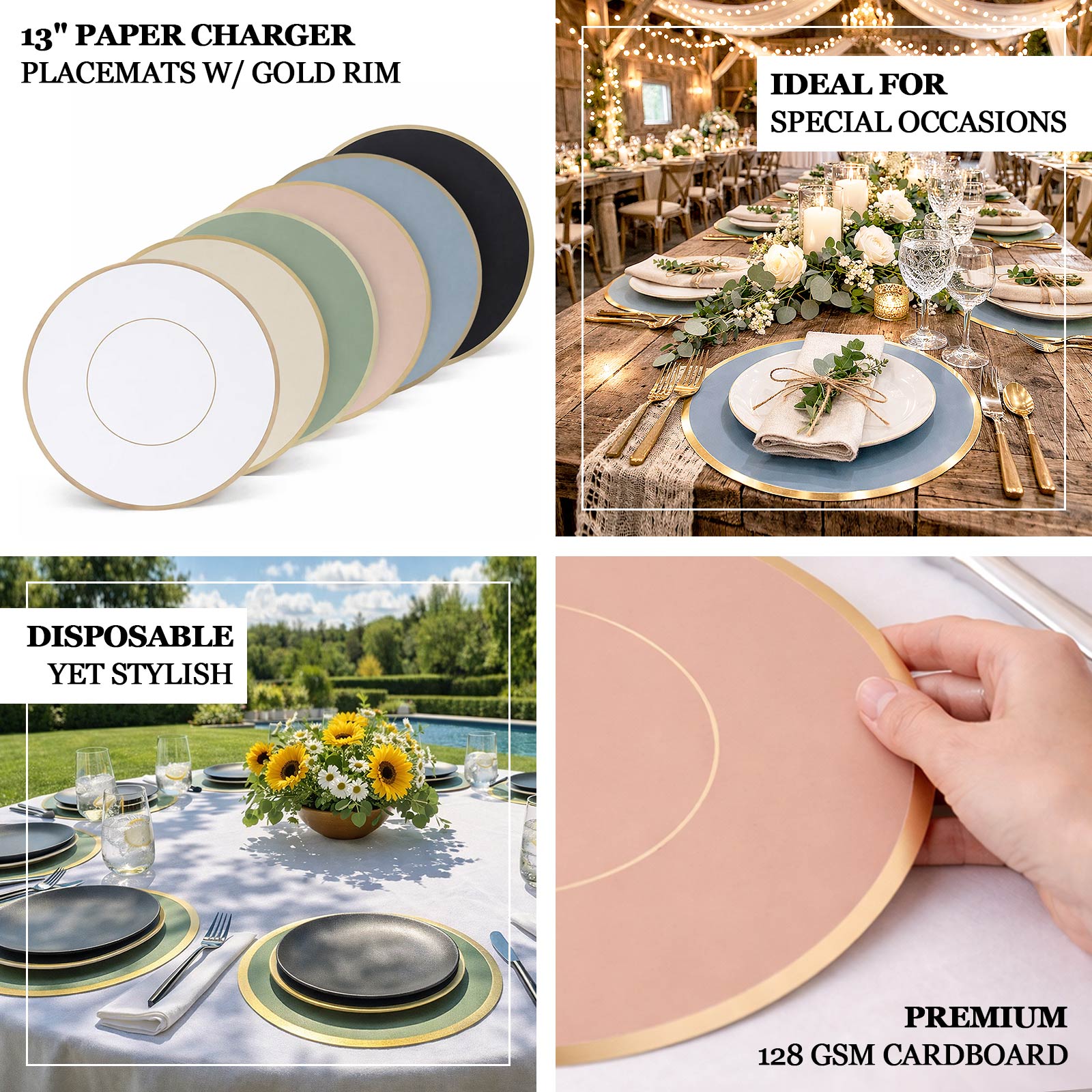 Sage green disposable placemats with gold rim for special events.