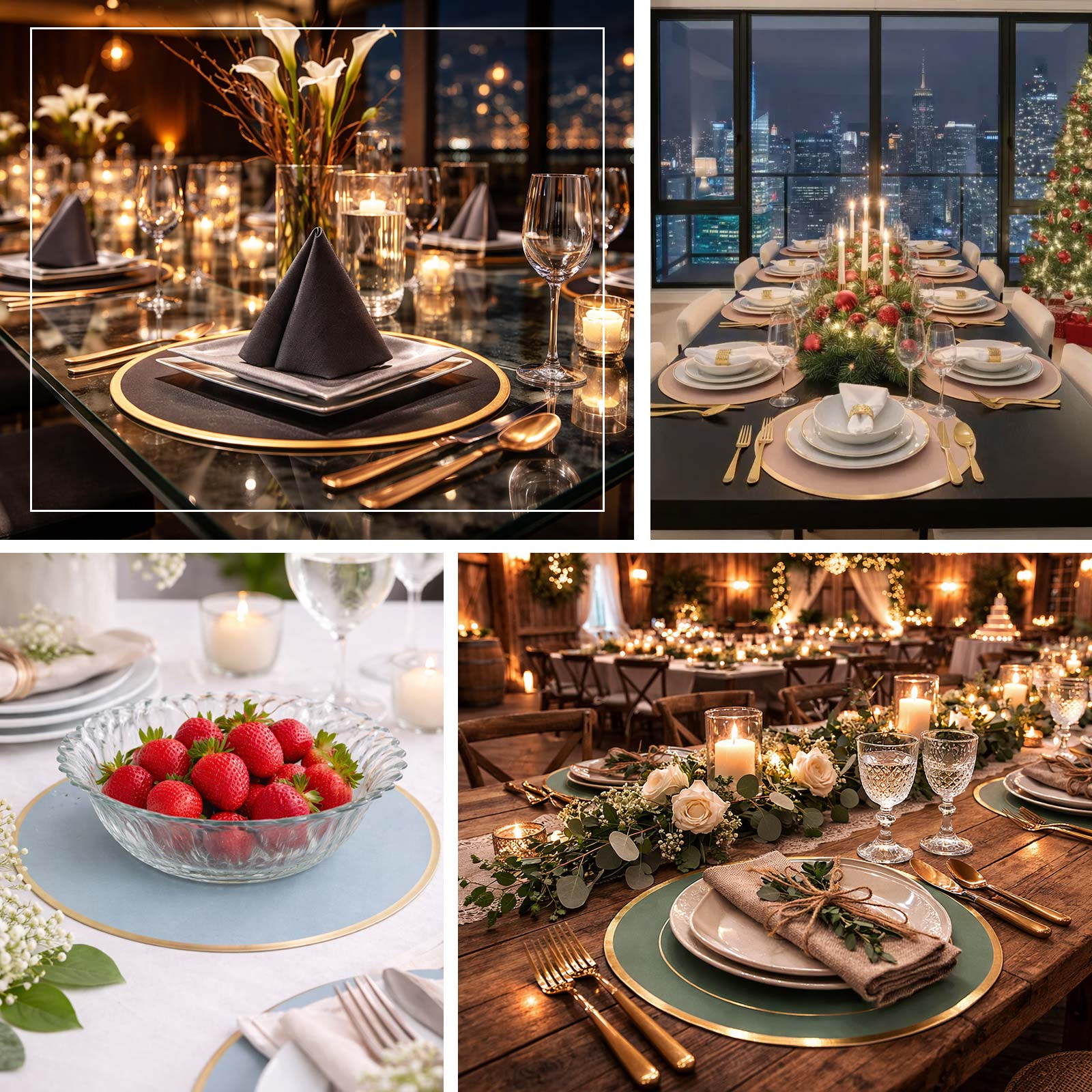 Black round disposable placemats with gold rim for elegant dining setups.