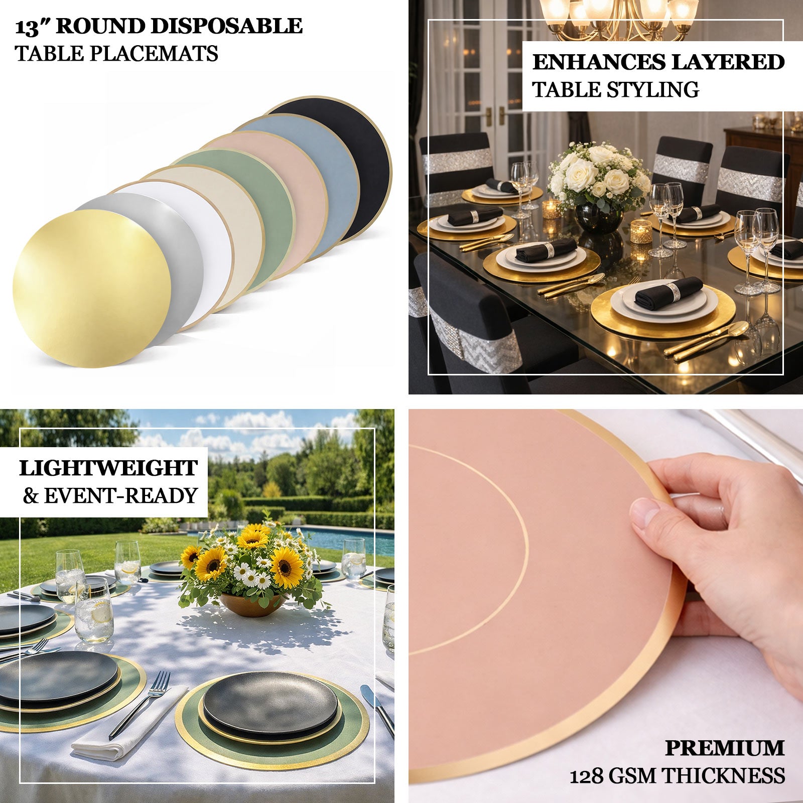 Gold disposable table placemats, 13" round, perfect for events and catering.