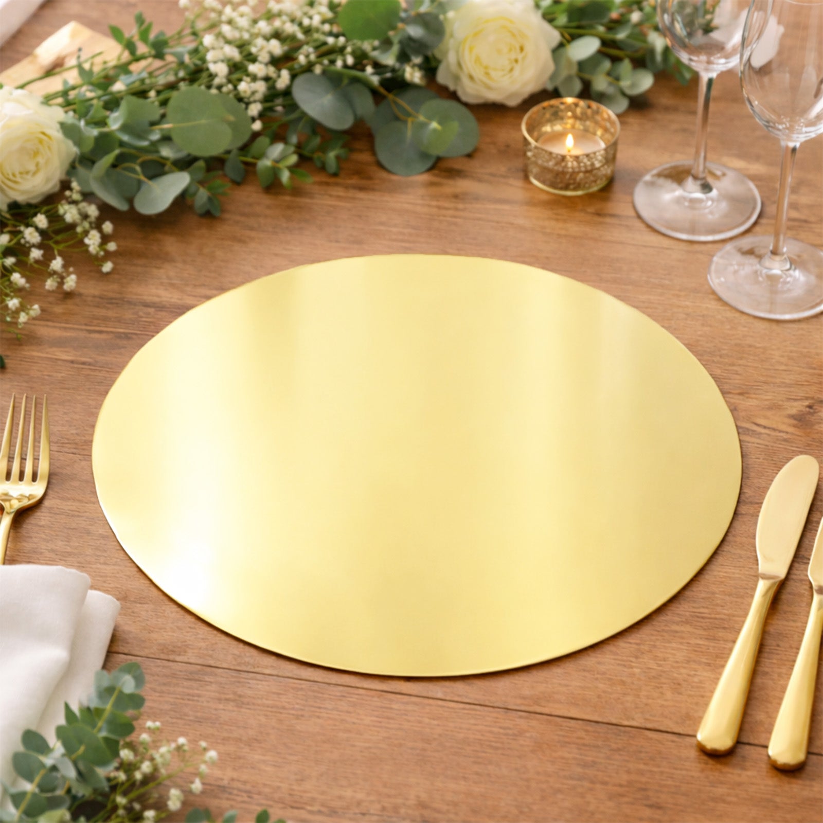 Gold round disposable table placemat for catering and special events.