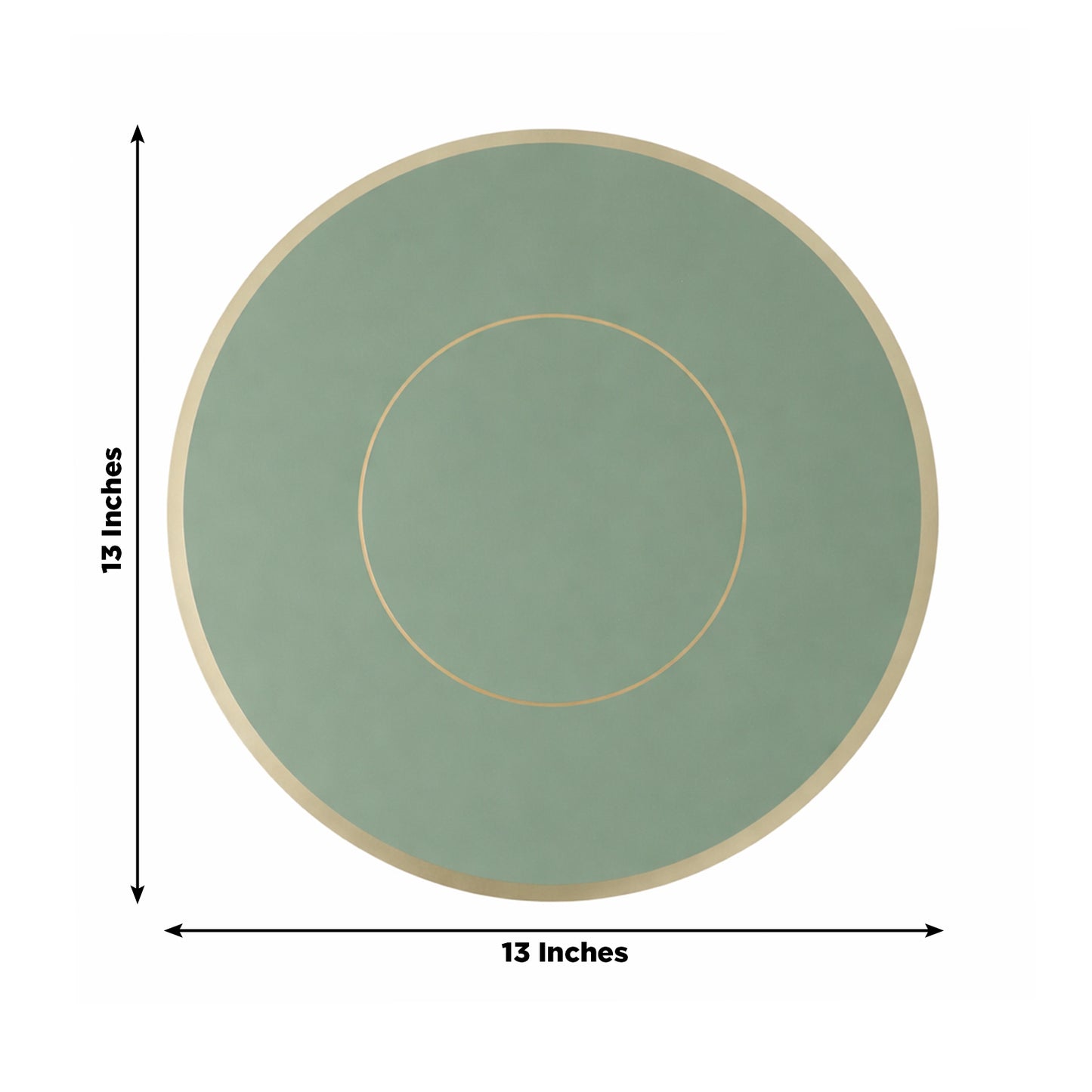 Sage green round disposable table placemat with gold rim, 13 inches.