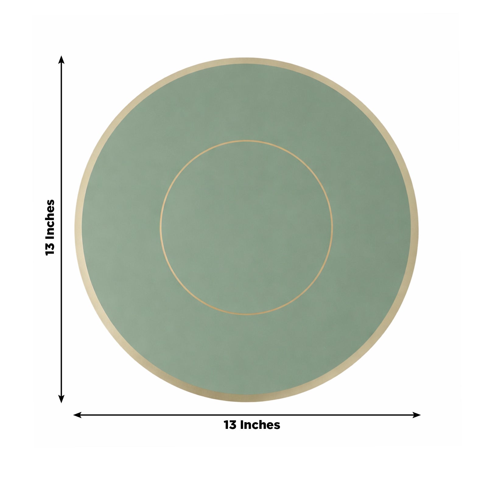 Sage green round disposable table placemat with gold rim, 13 inches.